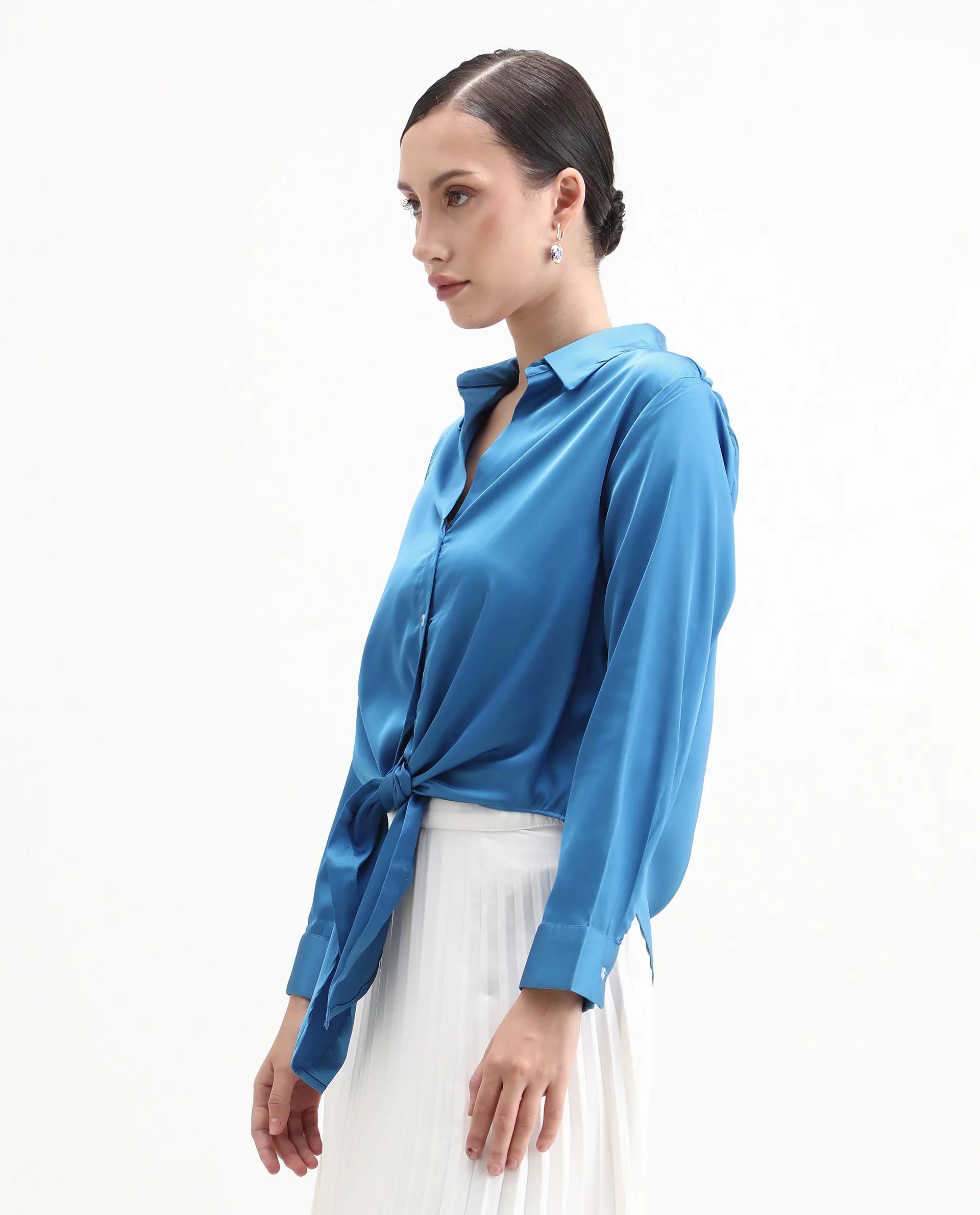 Rareism Women's Irteen Flouroscent Blue Polyester Drop Collar Plain Cuffed Sleeve Regular Fit Top