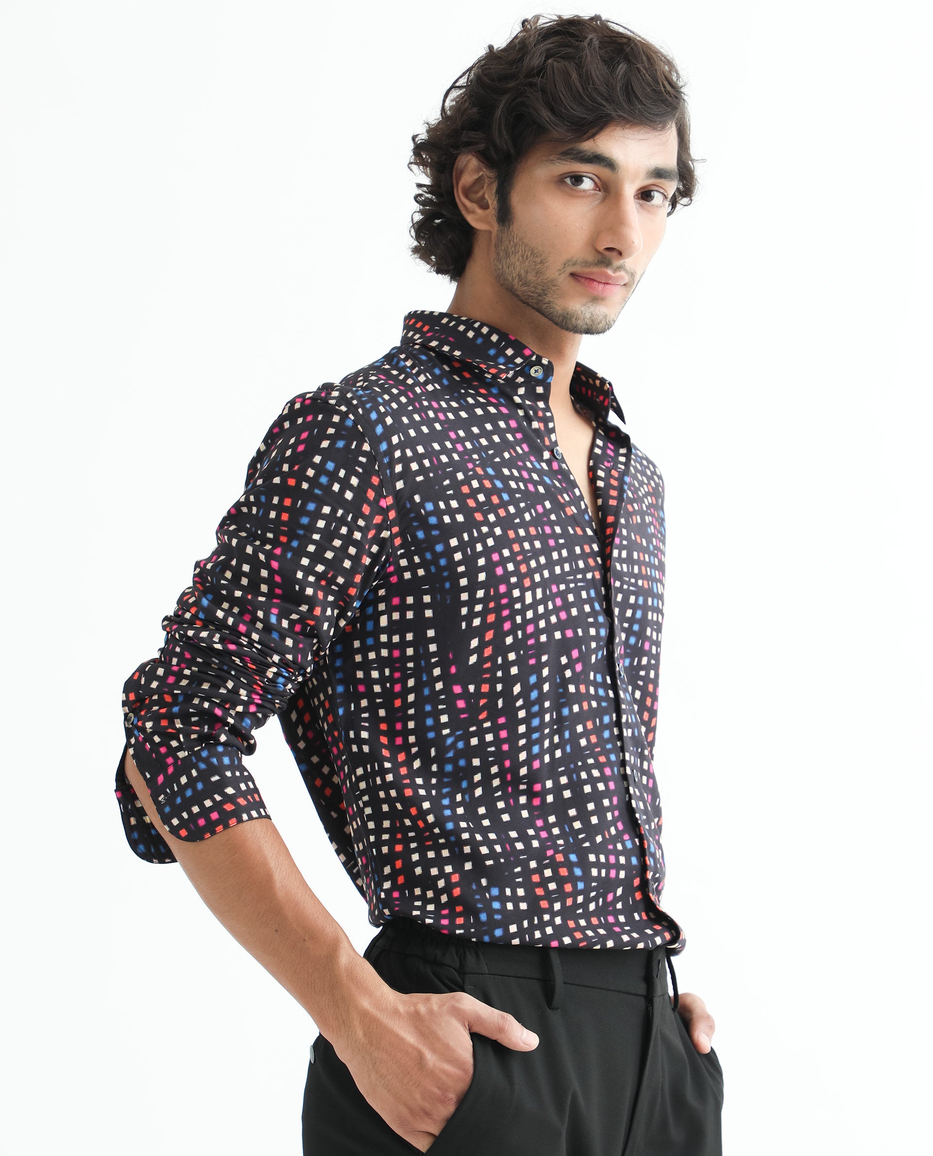 Rare Rabbit Men's Irvine Black Viscose Fabric Geometric Print Full Sleeves Shirt