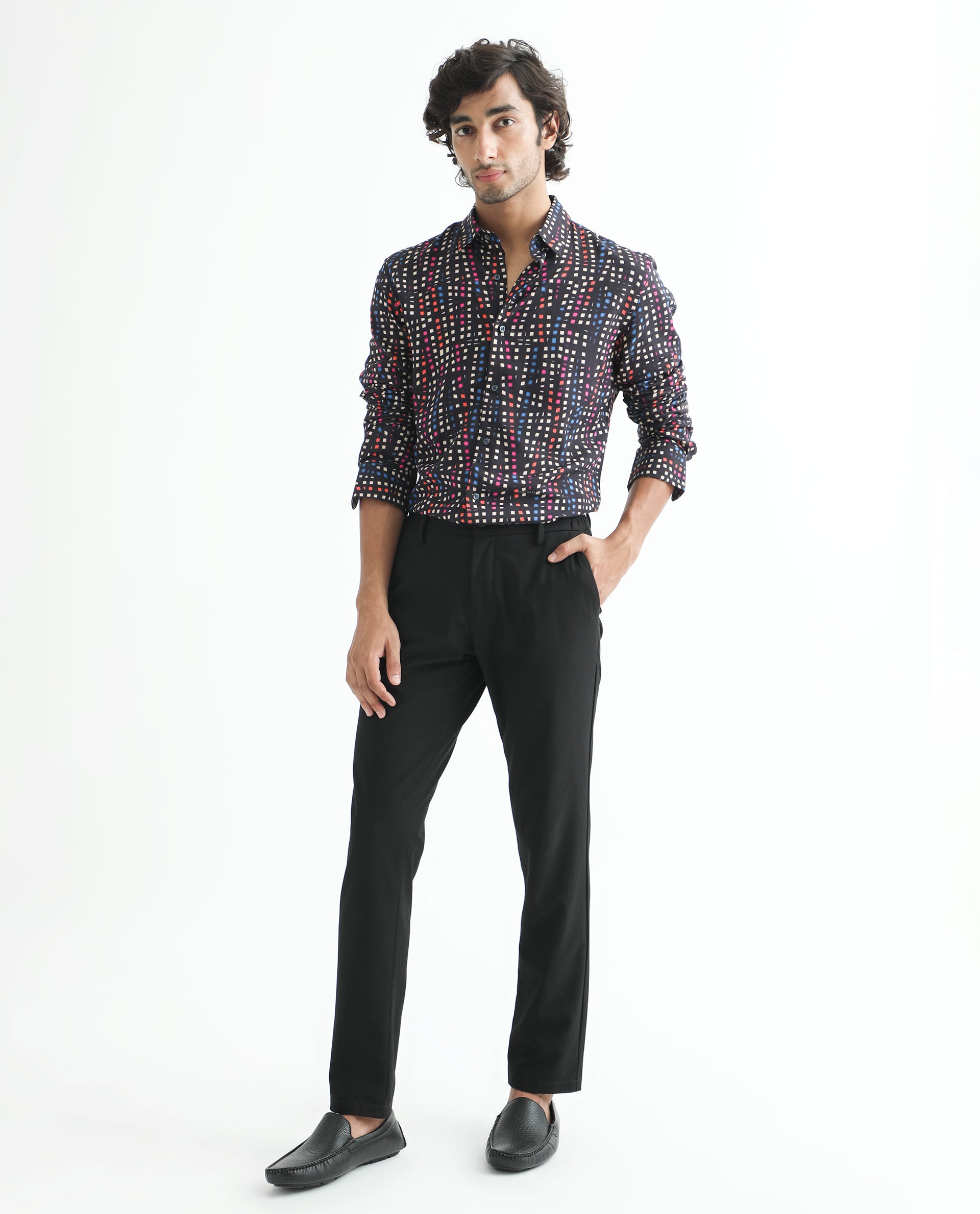 Rare Rabbit Men's Irvine Black Viscose Fabric Geometric Print Full Sleeves Shirt