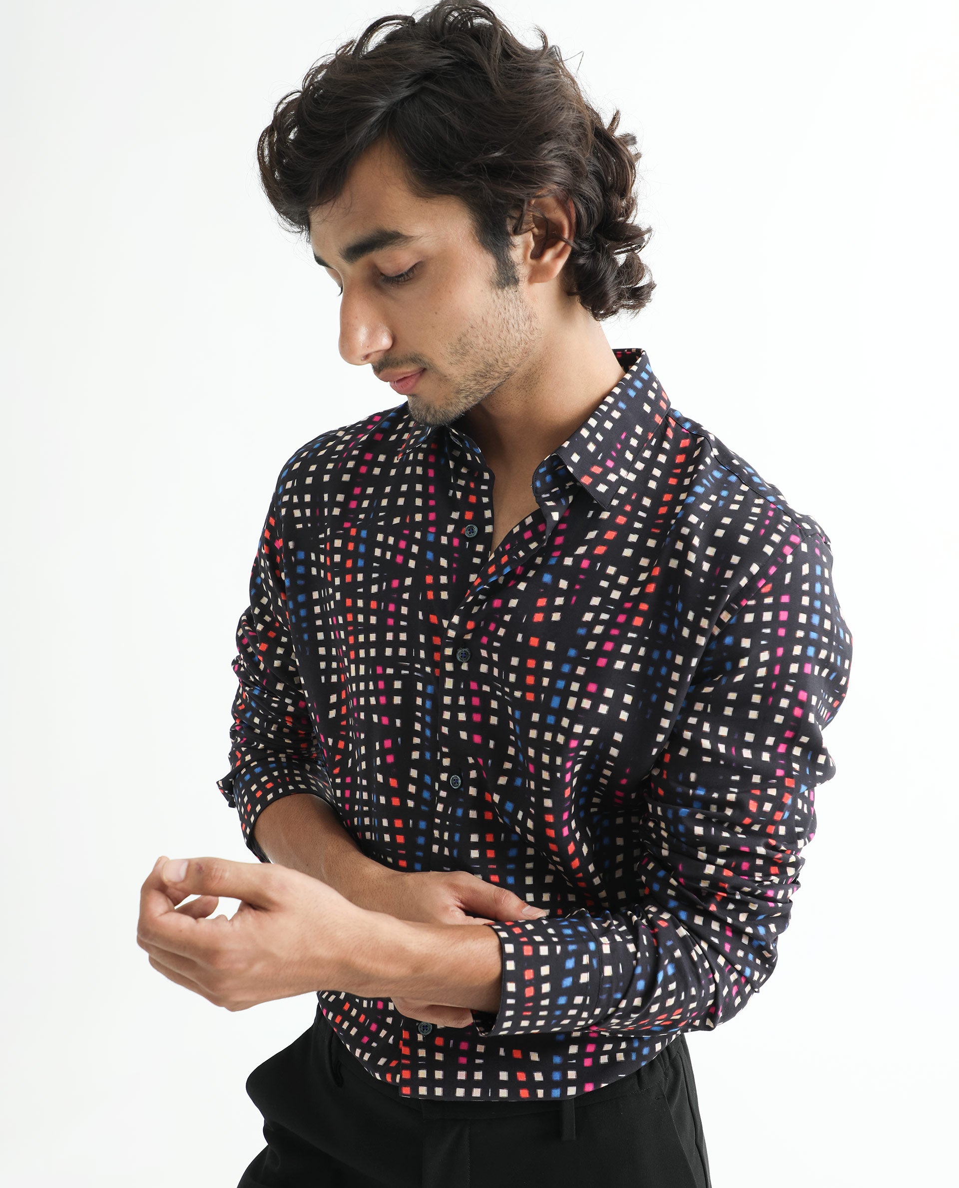 Rare Rabbit Men's Irvine Black Viscose Fabric Geometric Print Full Sleeves Shirt