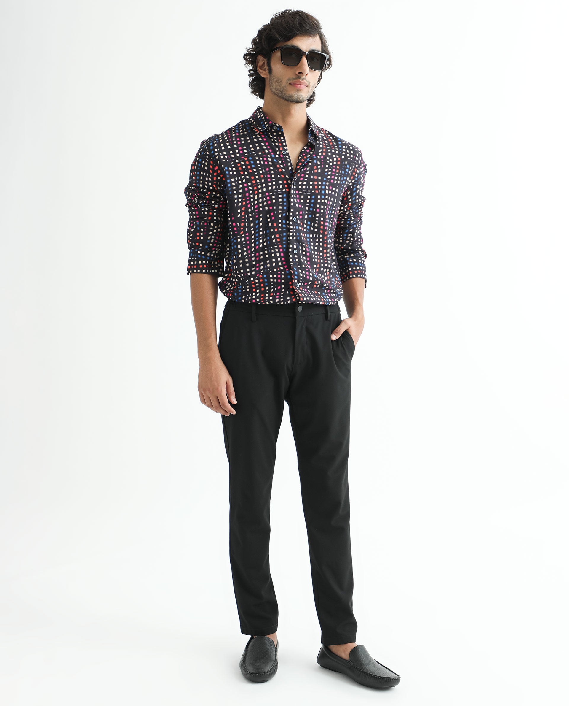 Rare Rabbit Men's Irvine Black Viscose Fabric Geometric Print Full Sleeves Shirt