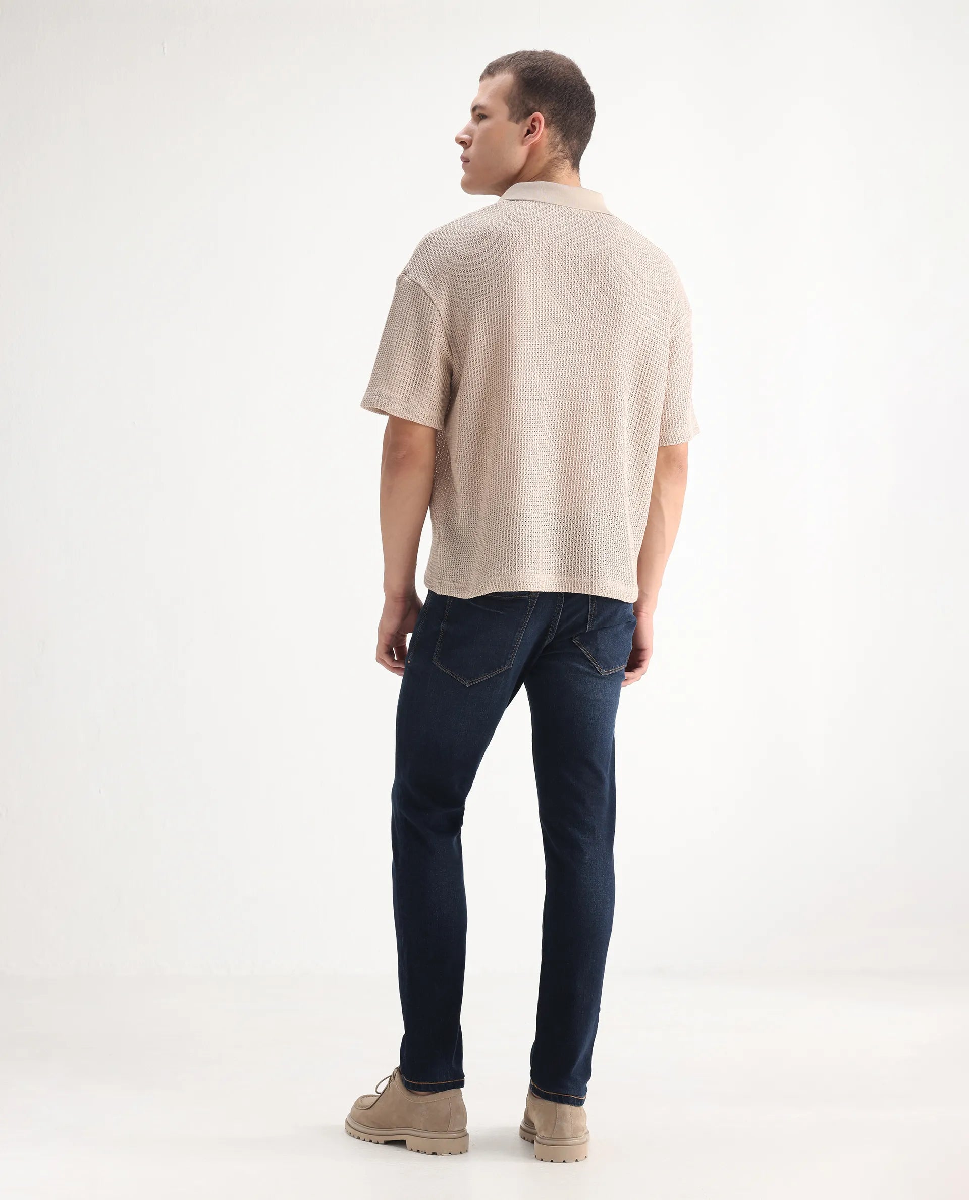 Rare Rabbit Men's Issak Dark Blue Cotton Plain Hawk Slim Fit Jeans