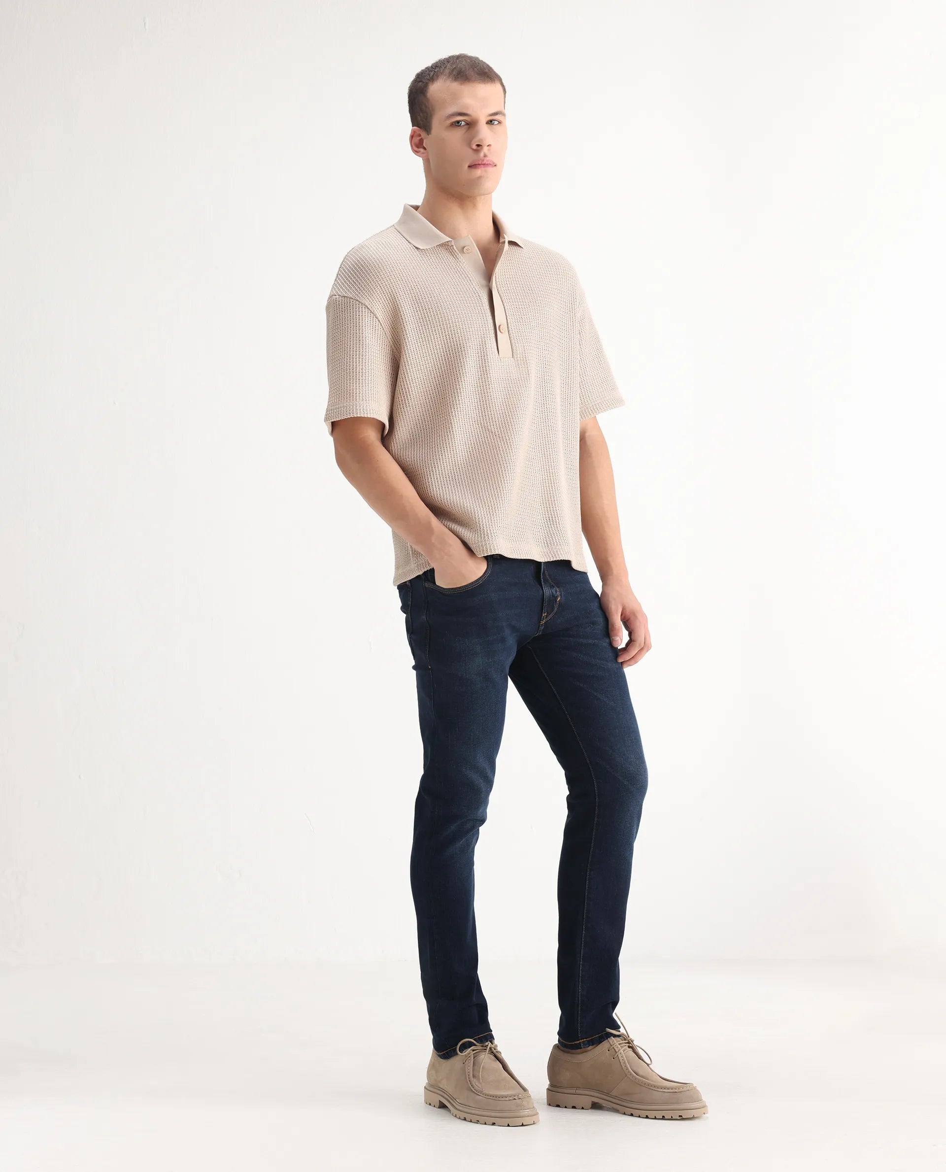 Rare Rabbit Men's Issak Dark Blue Cotton Plain Hawk Slim Fit Jeans