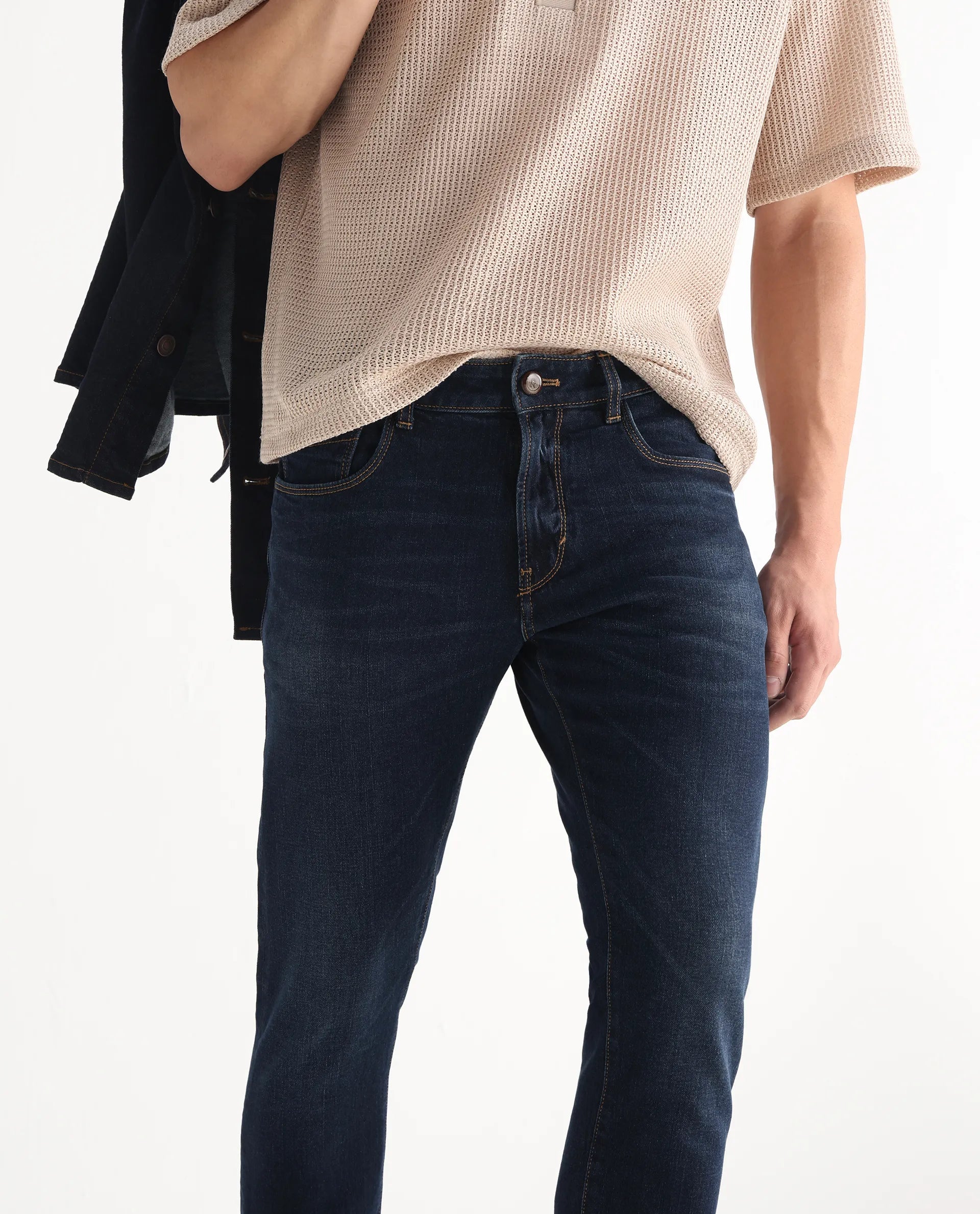 Rare Rabbit Men's Issak Dark Blue Cotton Plain Hawk Slim Fit Jeans