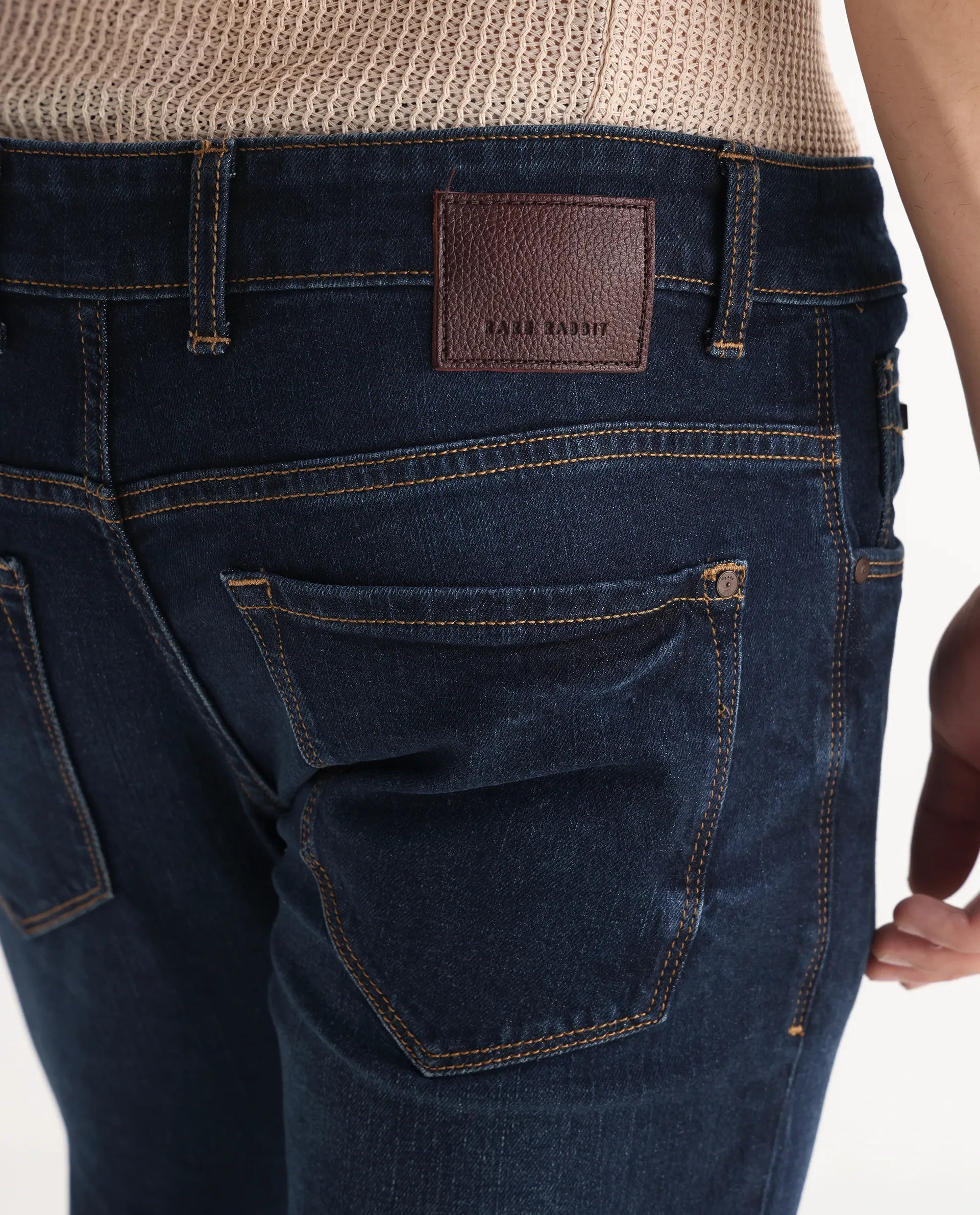 Rare Rabbit Men's Issak Dark Blue Cotton Plain Hawk Slim Fit Jeans