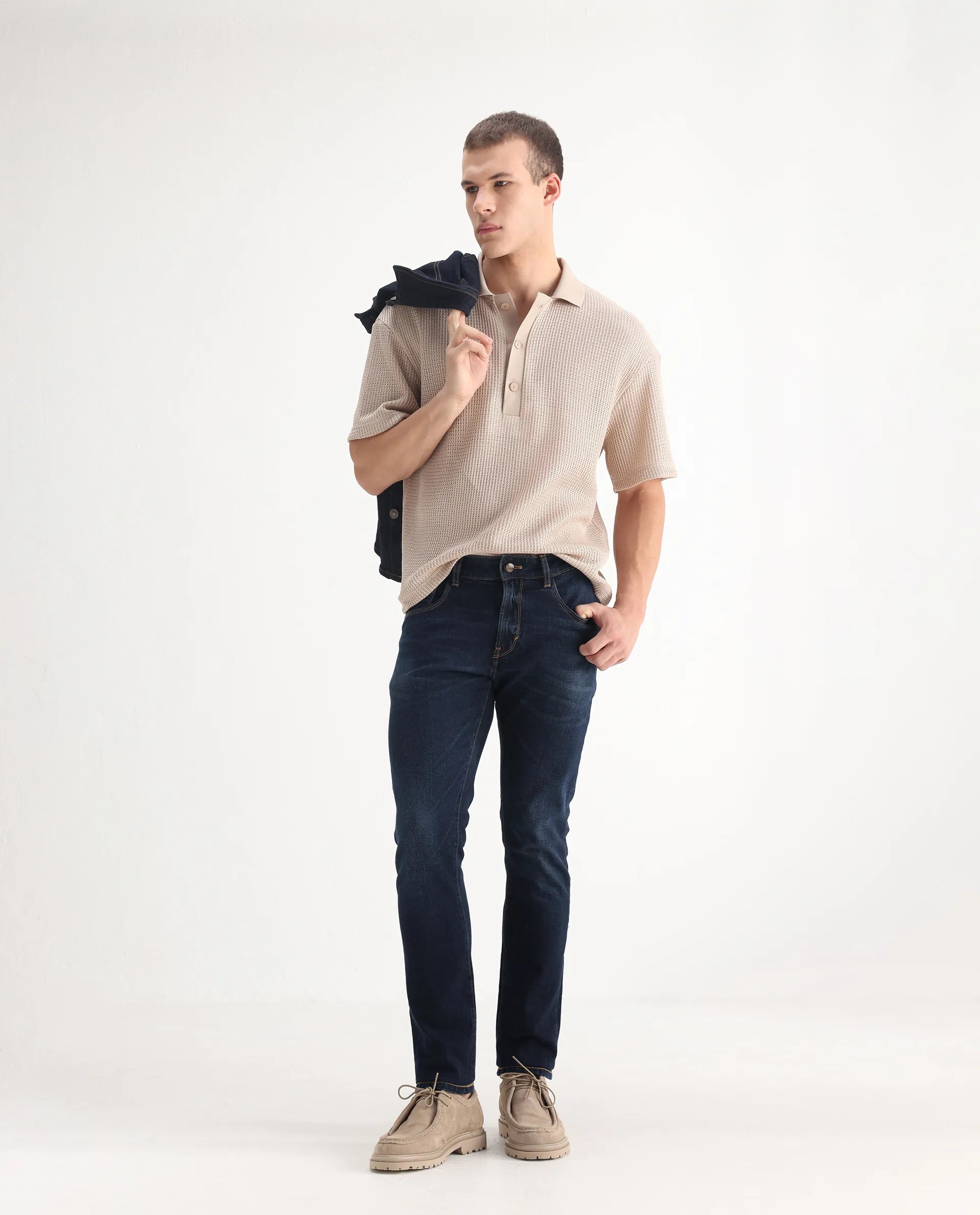 Rare Rabbit Men's Issak Dark Blue Cotton Plain Hawk Slim Fit Jeans