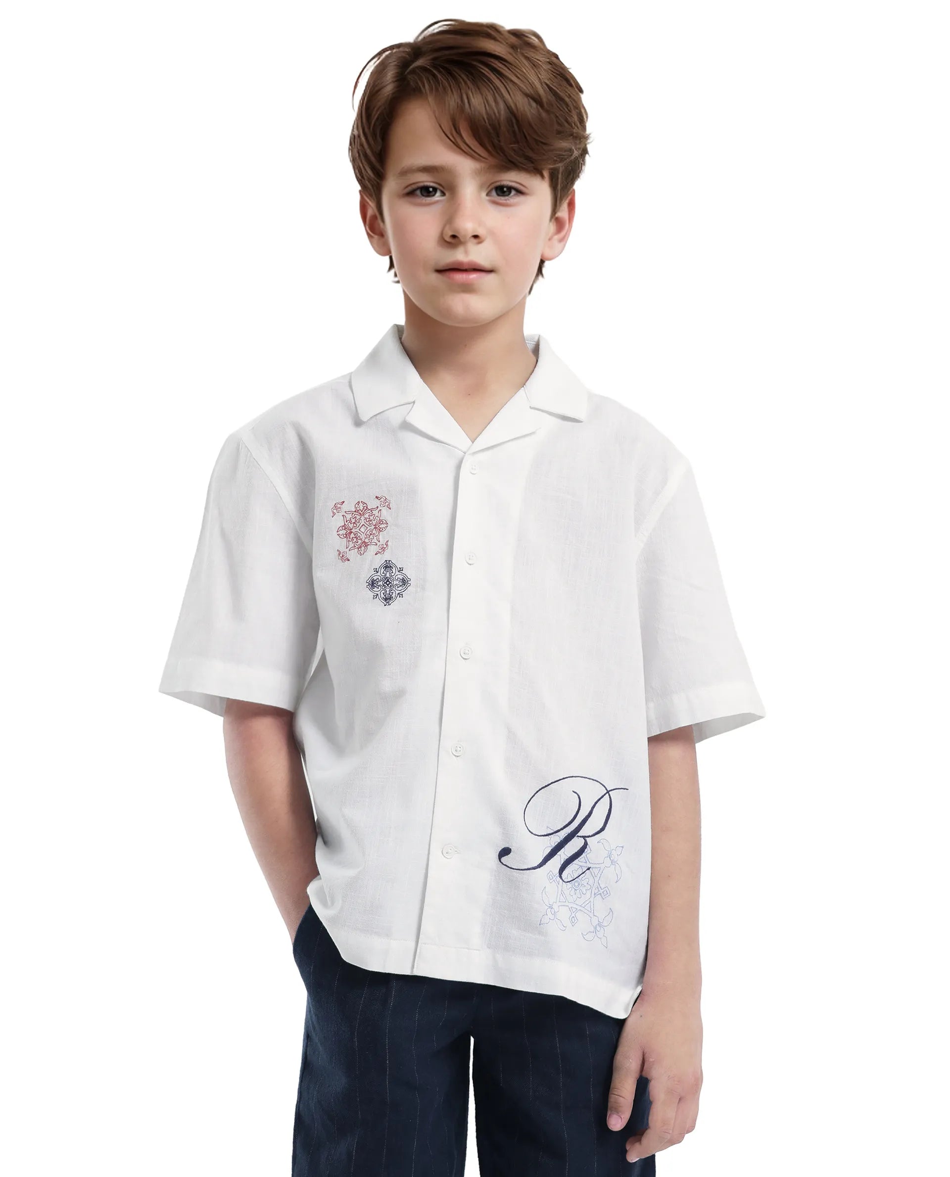 Rare Ones Kids Isla White Cotton Half Sleeve Embroidered Button Closure Regular Fit Shirt