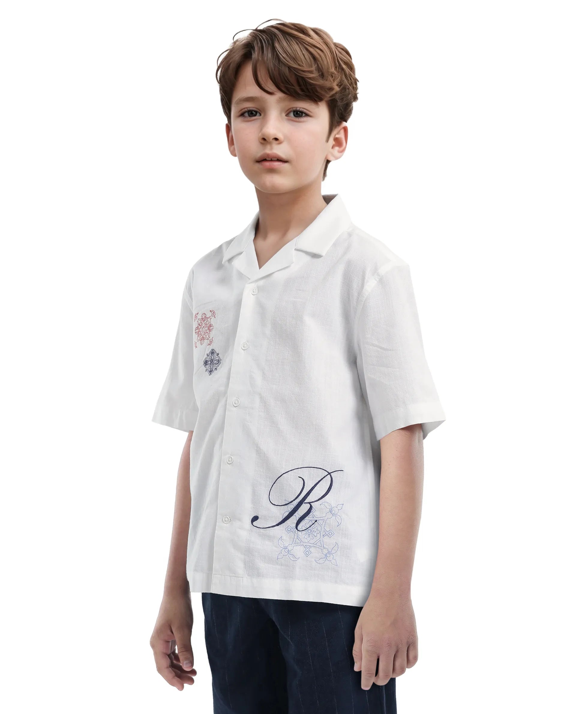 Rare Ones Kids Isla White Cotton Half Sleeve Embroidered Button Closure Regular Fit Shirt