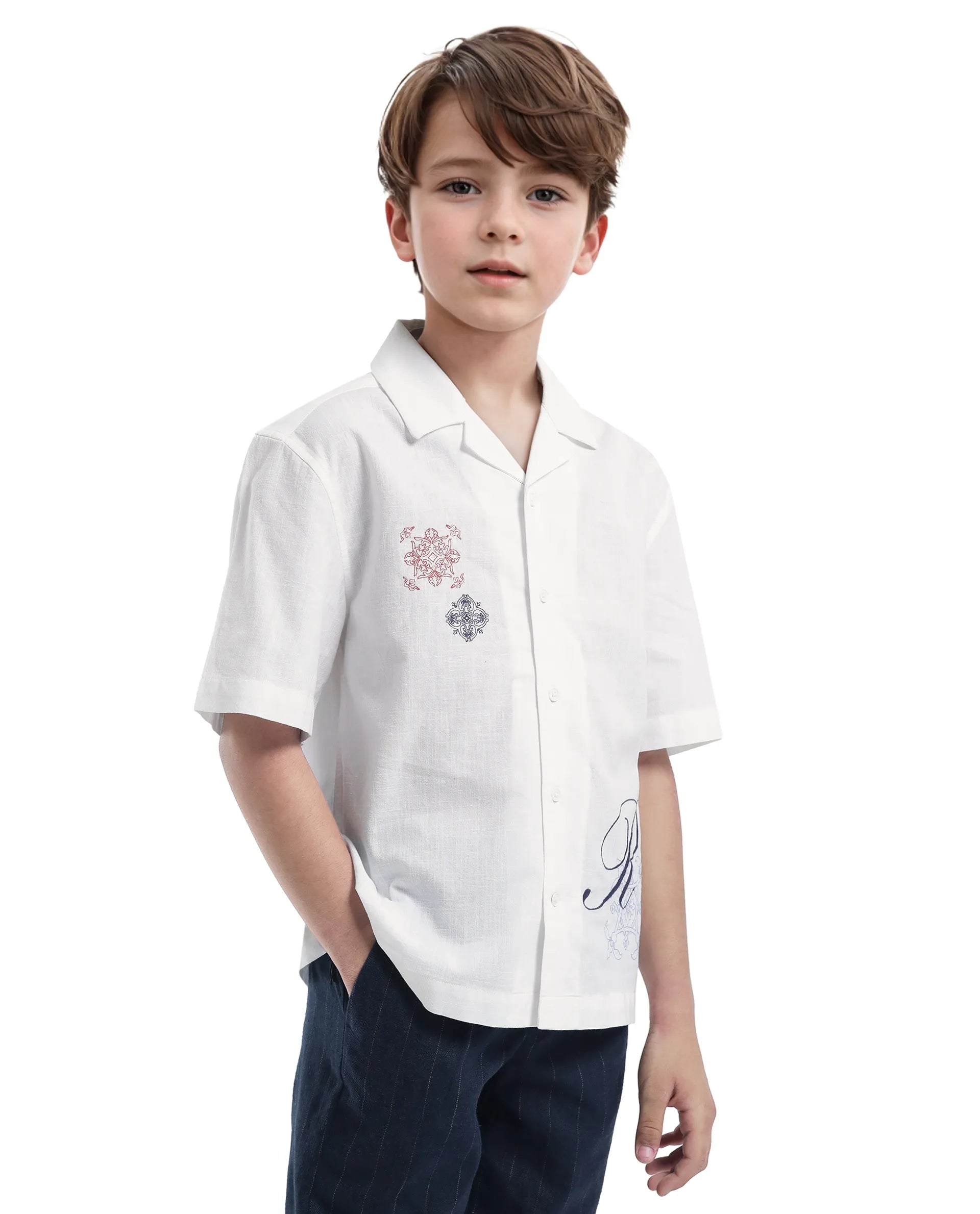 Rare Ones Kids Isla White Cotton Half Sleeve Embroidered Button Closure Regular Fit Shirt