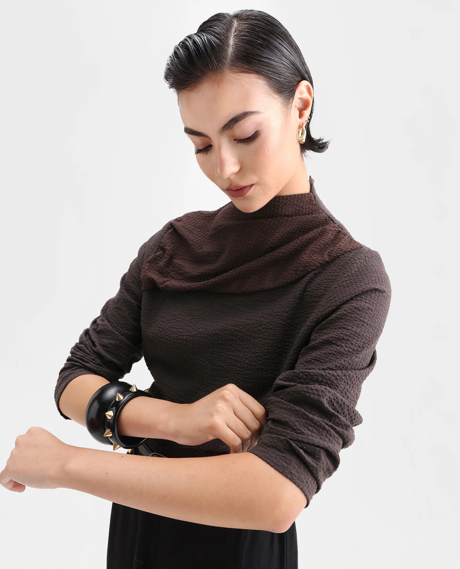 Rareism Women's Isro Brown Cotton High Neck Plain Regular Fit Top