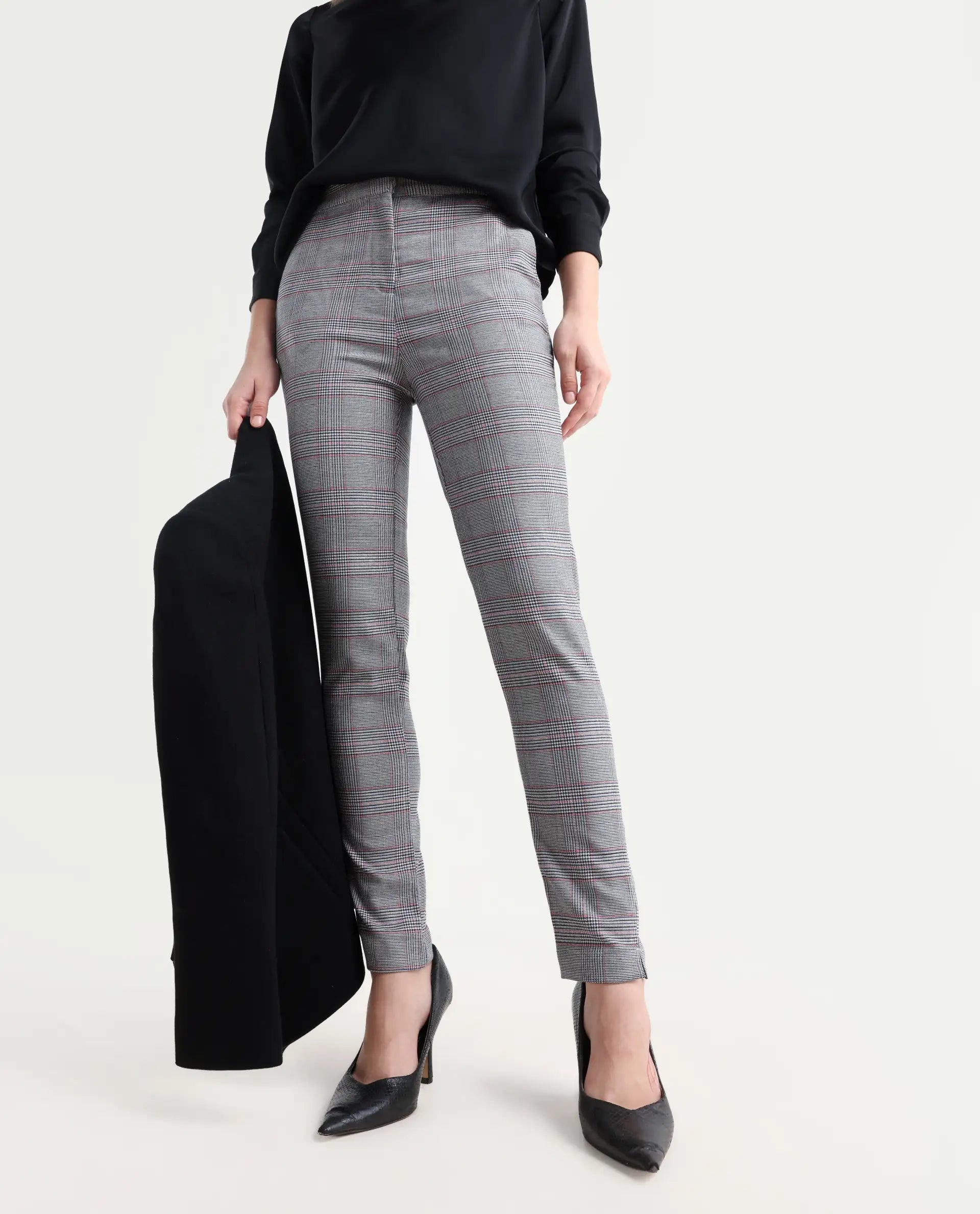 Rareism Women's Issac Beige Checked Knee Length Slim Fit Trouser