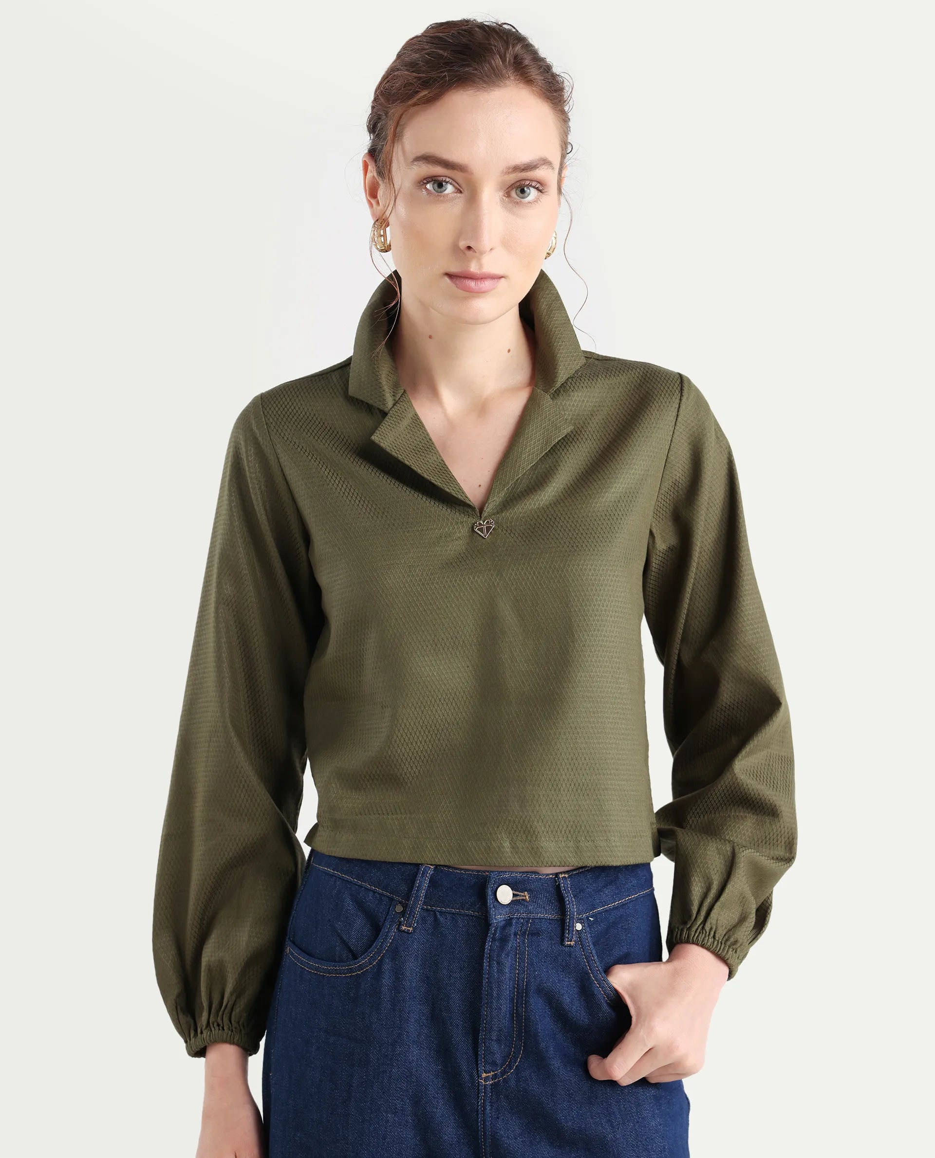 Rareism Women's Istanbul Green Cotton Lapel Neck Plain Bishop Sleeve Crop Regular Fit Top