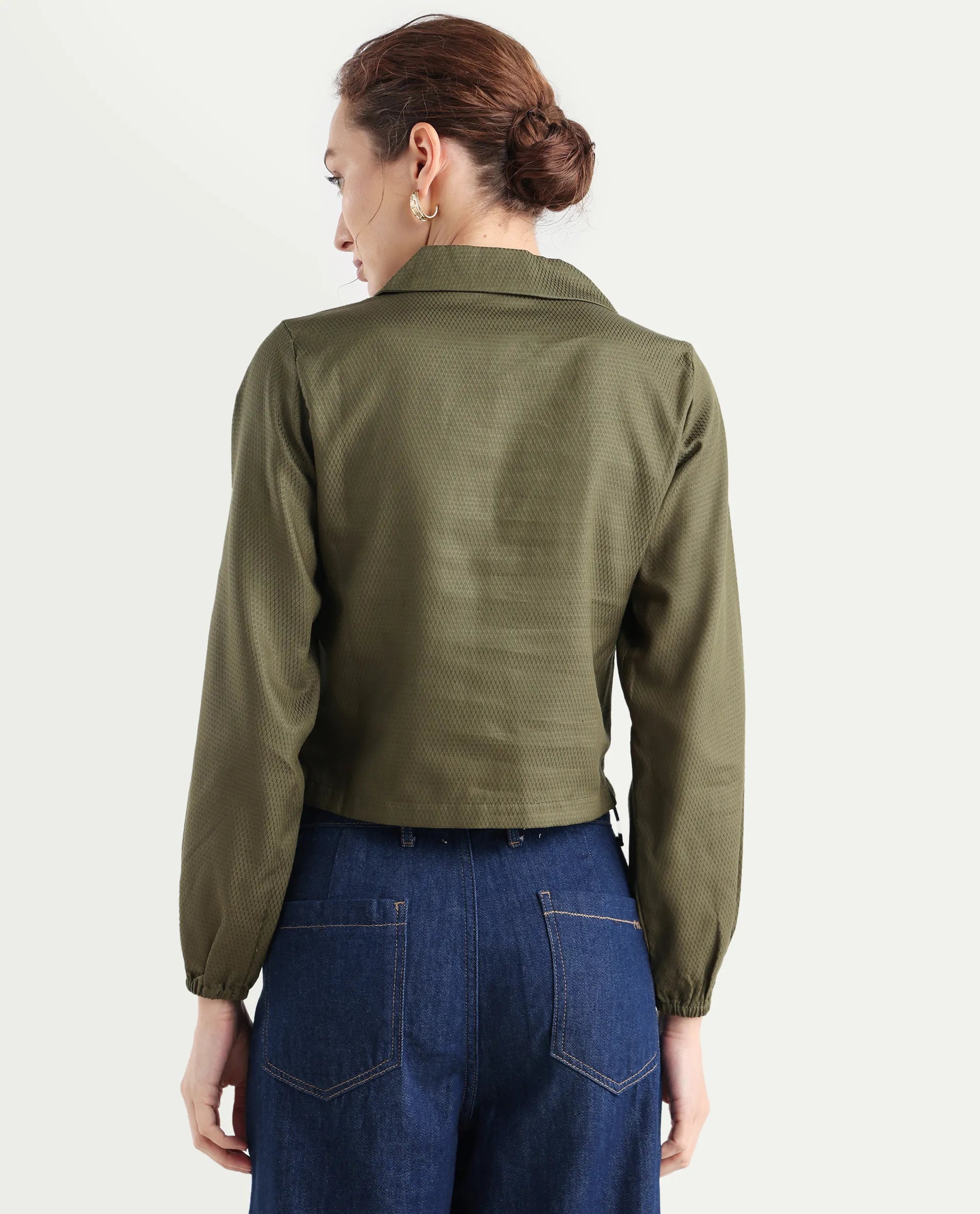 Rareism Women's Istanbul Green Cotton Lapel Neck Plain Bishop Sleeve Crop Regular Fit Top