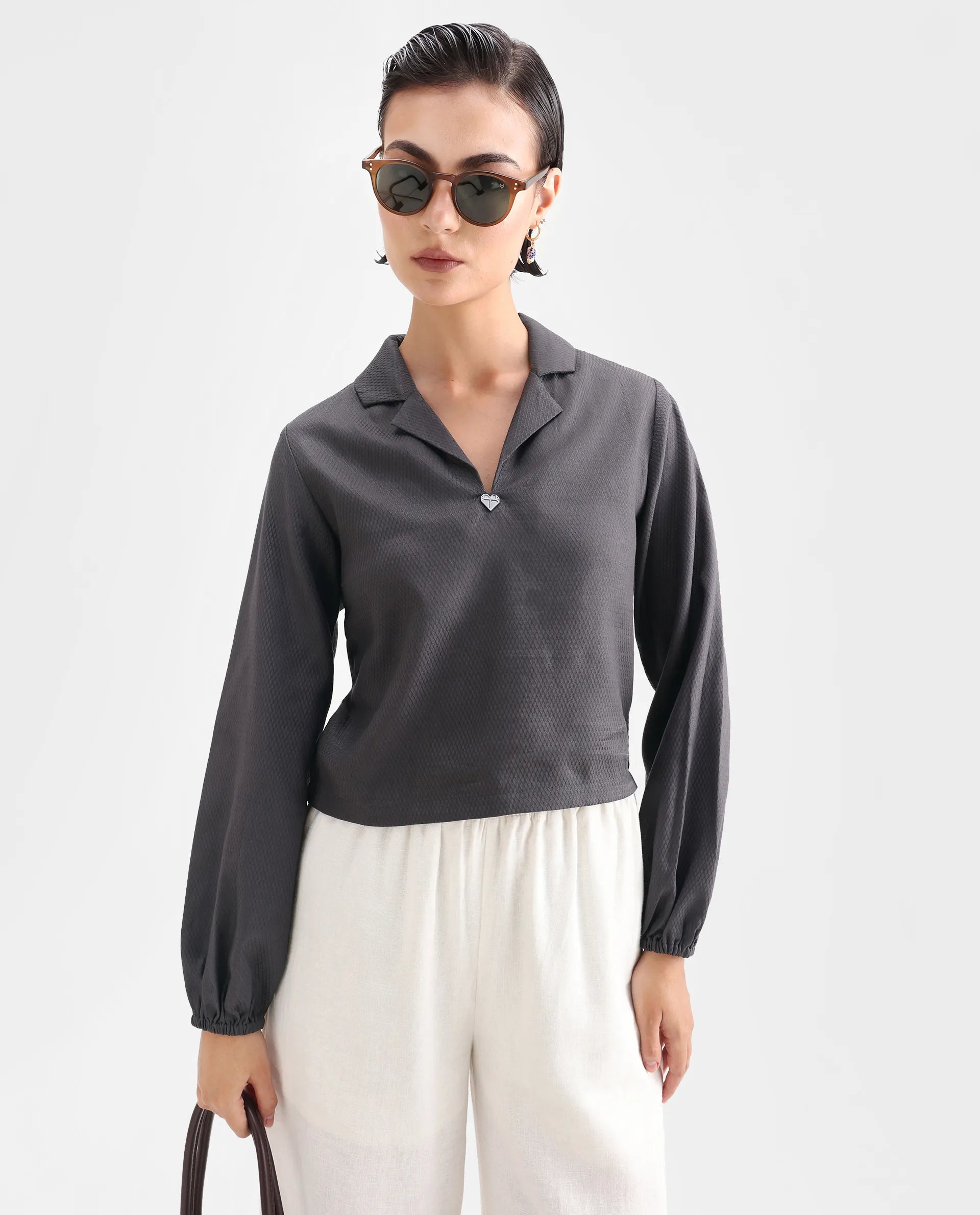 Rareism Women's Istanbul Grey Cotton Lapel Neck Plain Bishop Sleeve Crop Regular Fit Top