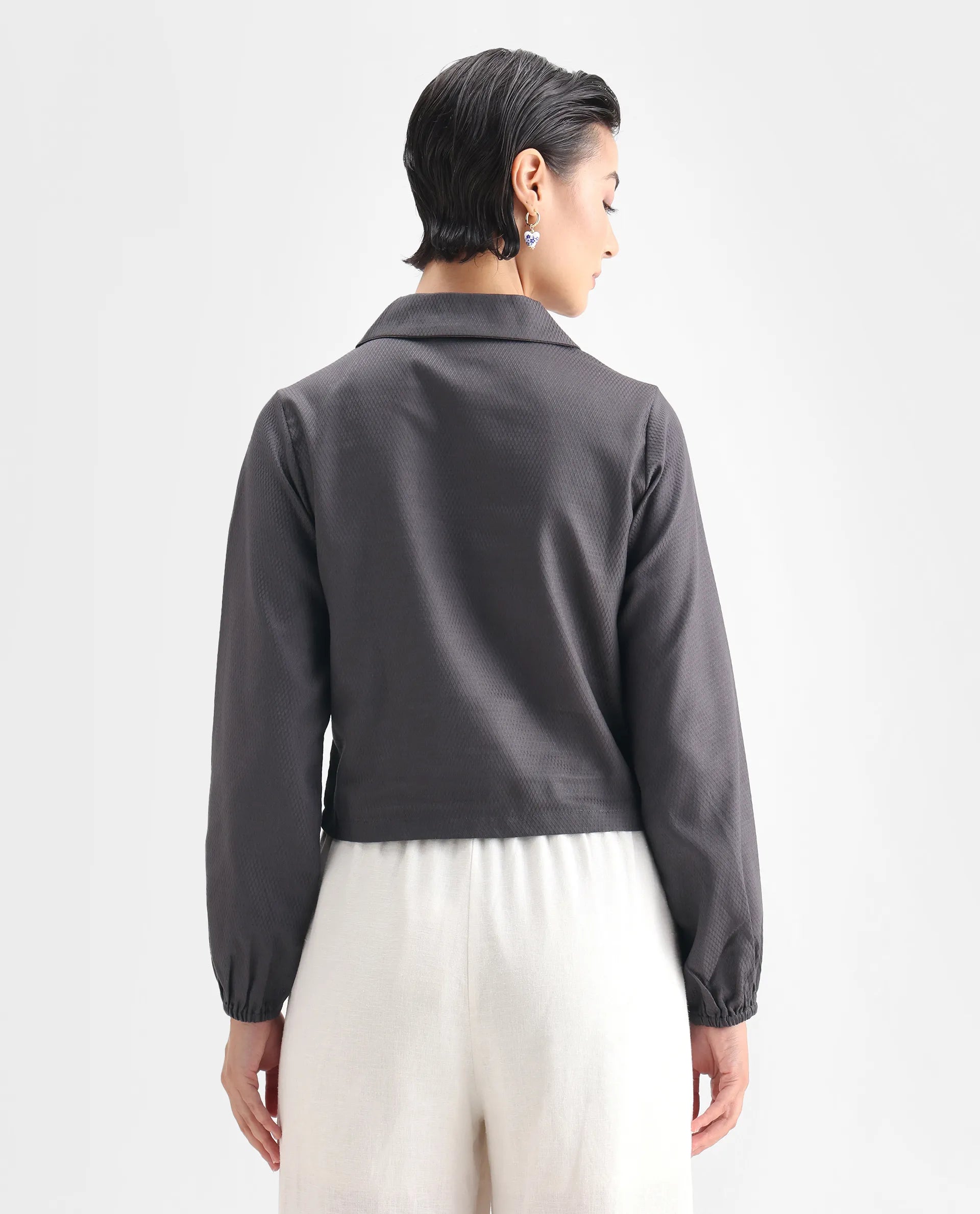 Rareism Women's Istanbul Grey Cotton Lapel Neck Plain Bishop Sleeve Crop Regular Fit Top