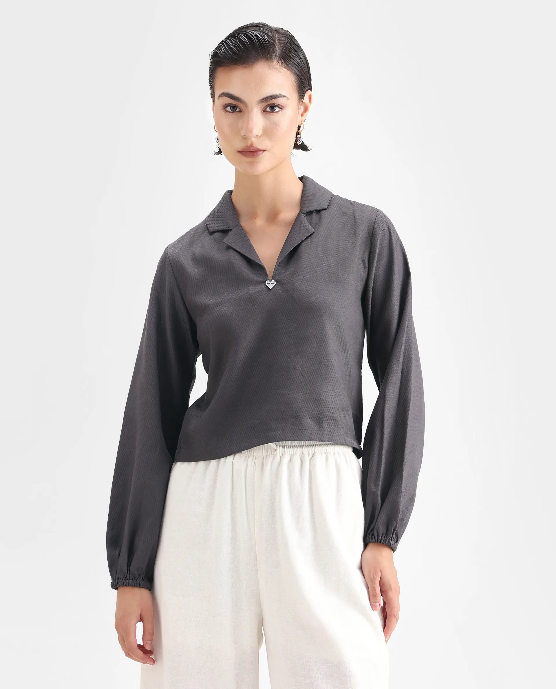 Rareism Women's Istanbul Grey Cotton Lapel Neck Plain Bishop Sleeve Crop Regular Fit Top