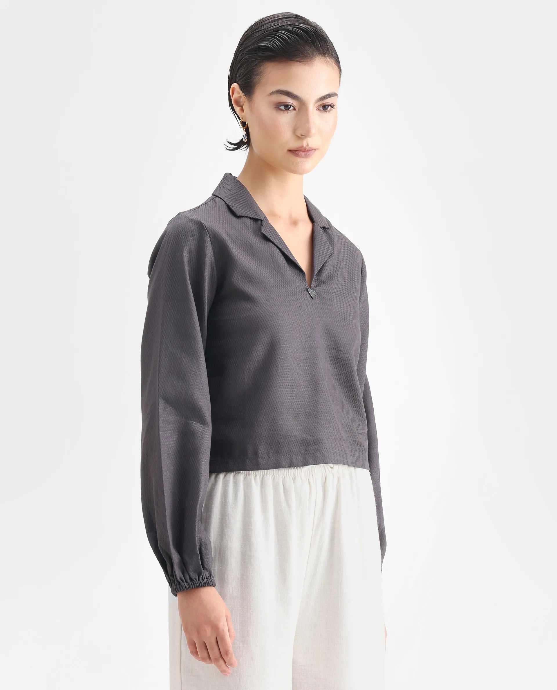 Rareism Women's Istanbul Grey Cotton Lapel Neck Plain Bishop Sleeve Crop Regular Fit Top