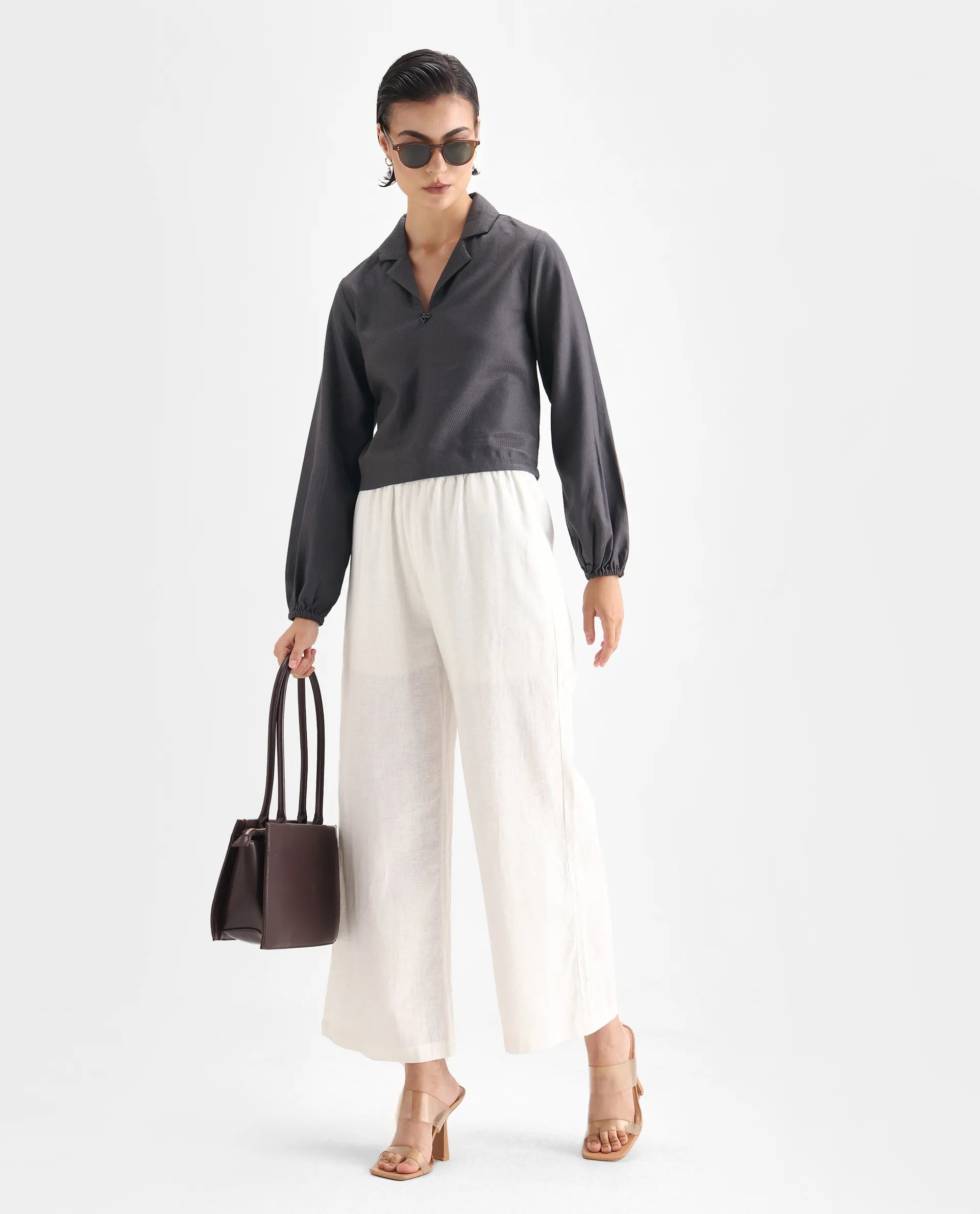 Rareism Women's Istanbul Grey Cotton Lapel Neck Plain Bishop Sleeve Crop Regular Fit Top