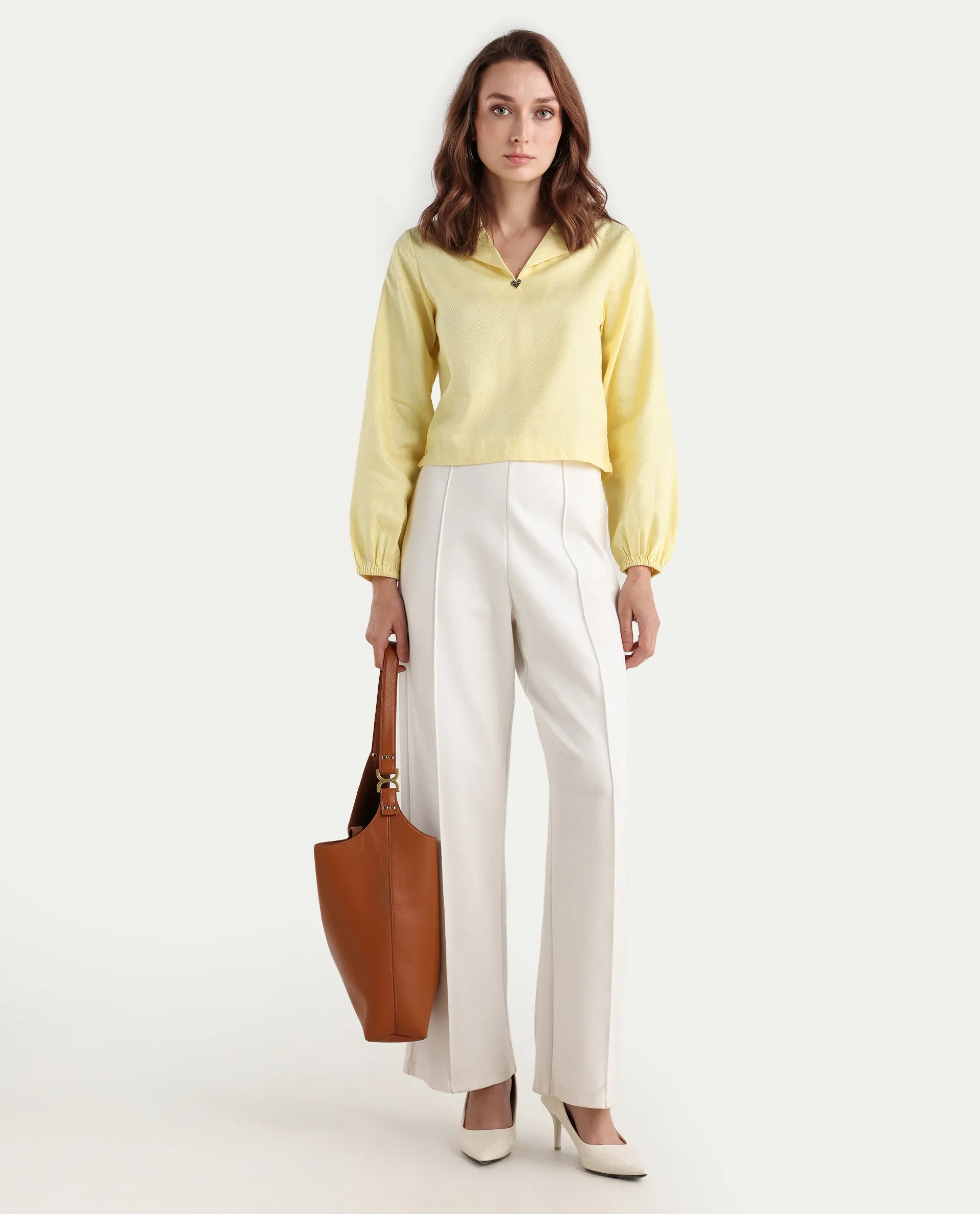 Rareism Women's Istanbul Light Yellow Cotton Lapel Neck Plain Bishop Sleeve Crop Regular Fit Top