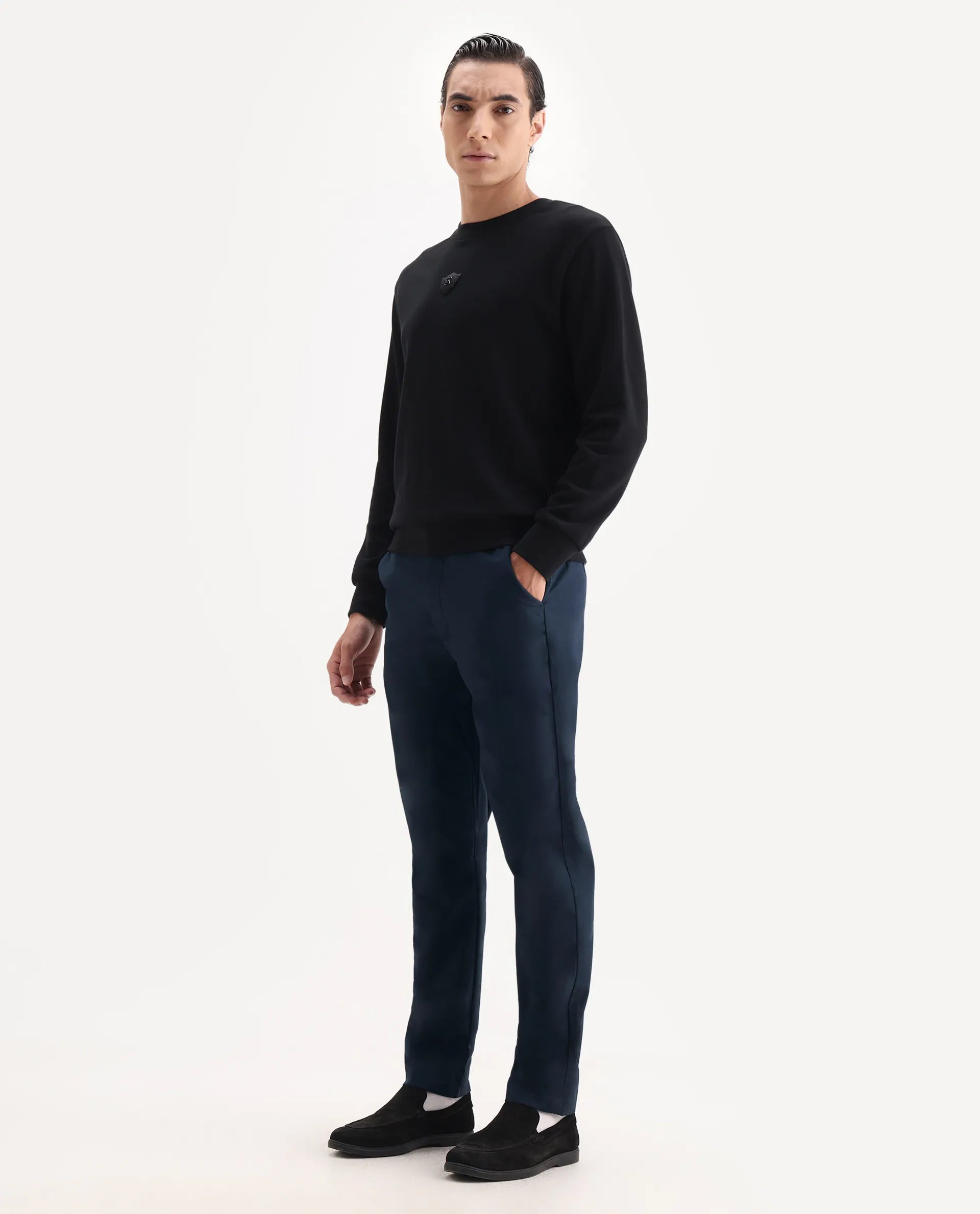 Rare Rabbit Men's Ital Navy Polyester Blend Plain Regular Fit Trouser