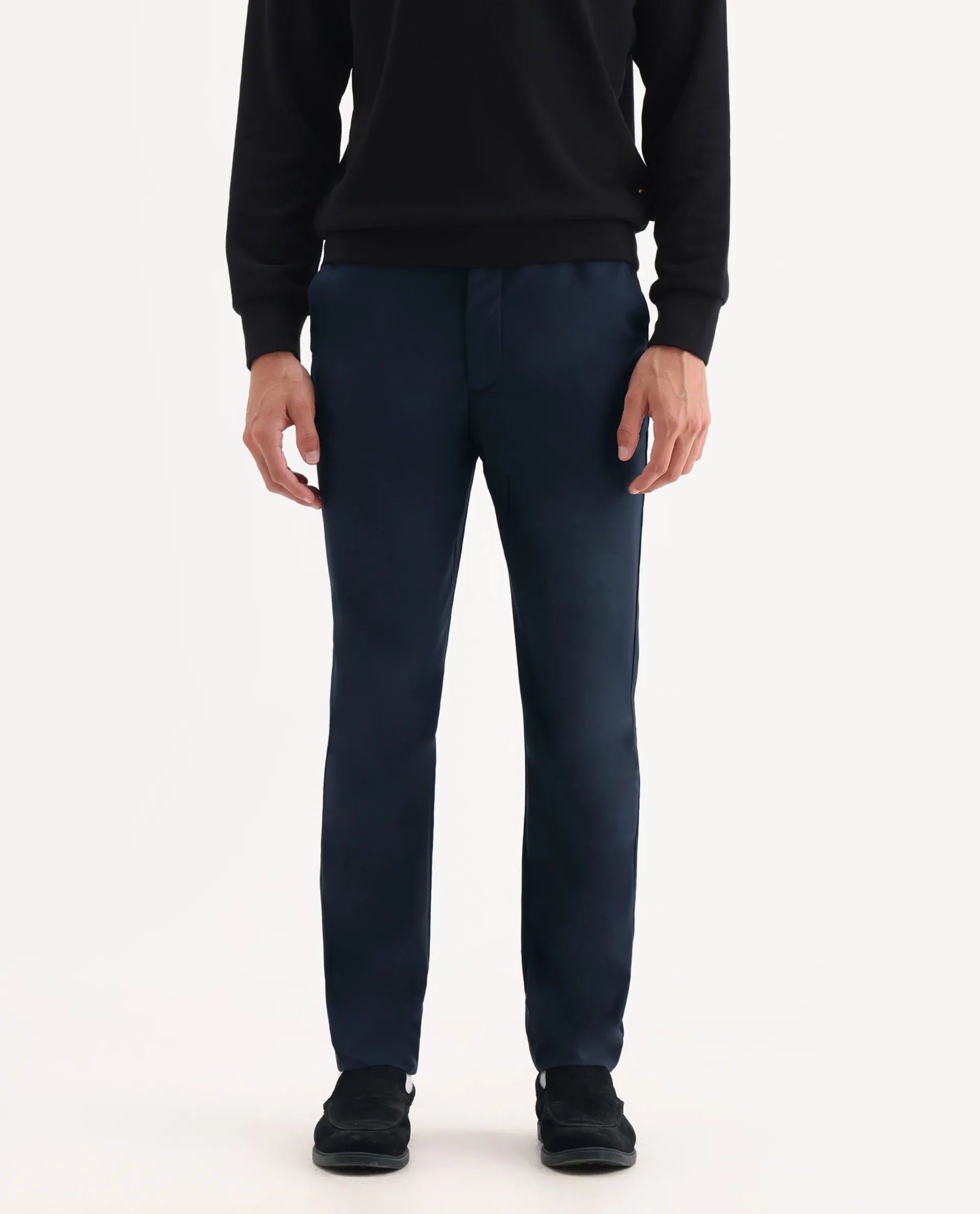 Rare Rabbit Men's Ital Navy Polyester Blend Plain Regular Fit Trouser