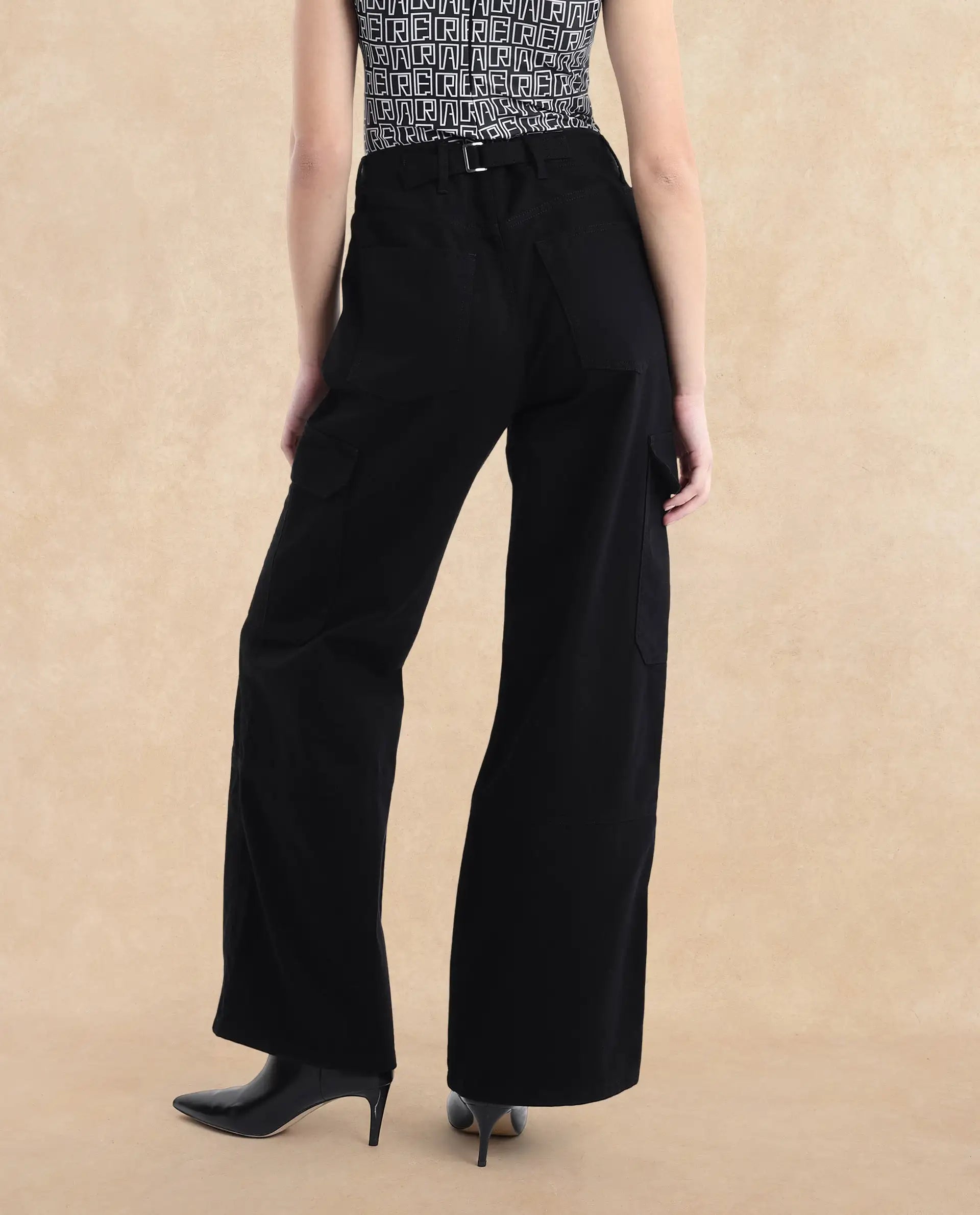 Rareism Women Itsiz-SC Black Wide Ankle Length Broad Stripes Cargo Trouser