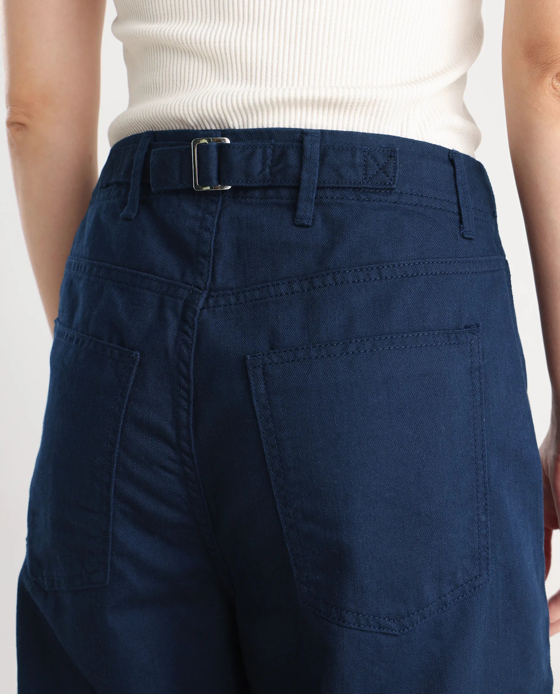 Rareism Women's Itsiz Navy Cotton Plain Ankle Length Wide Leg Trouser