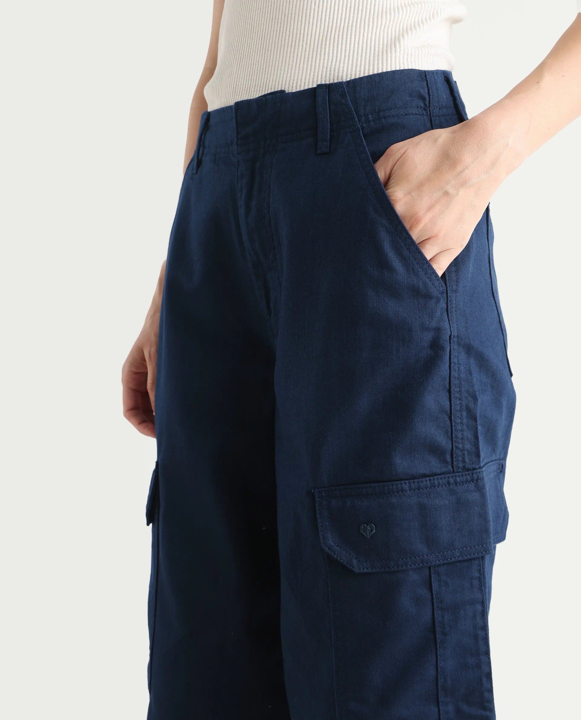 Rareism Women's Itsiz Navy Cotton Plain Ankle Length Wide Leg Trouser