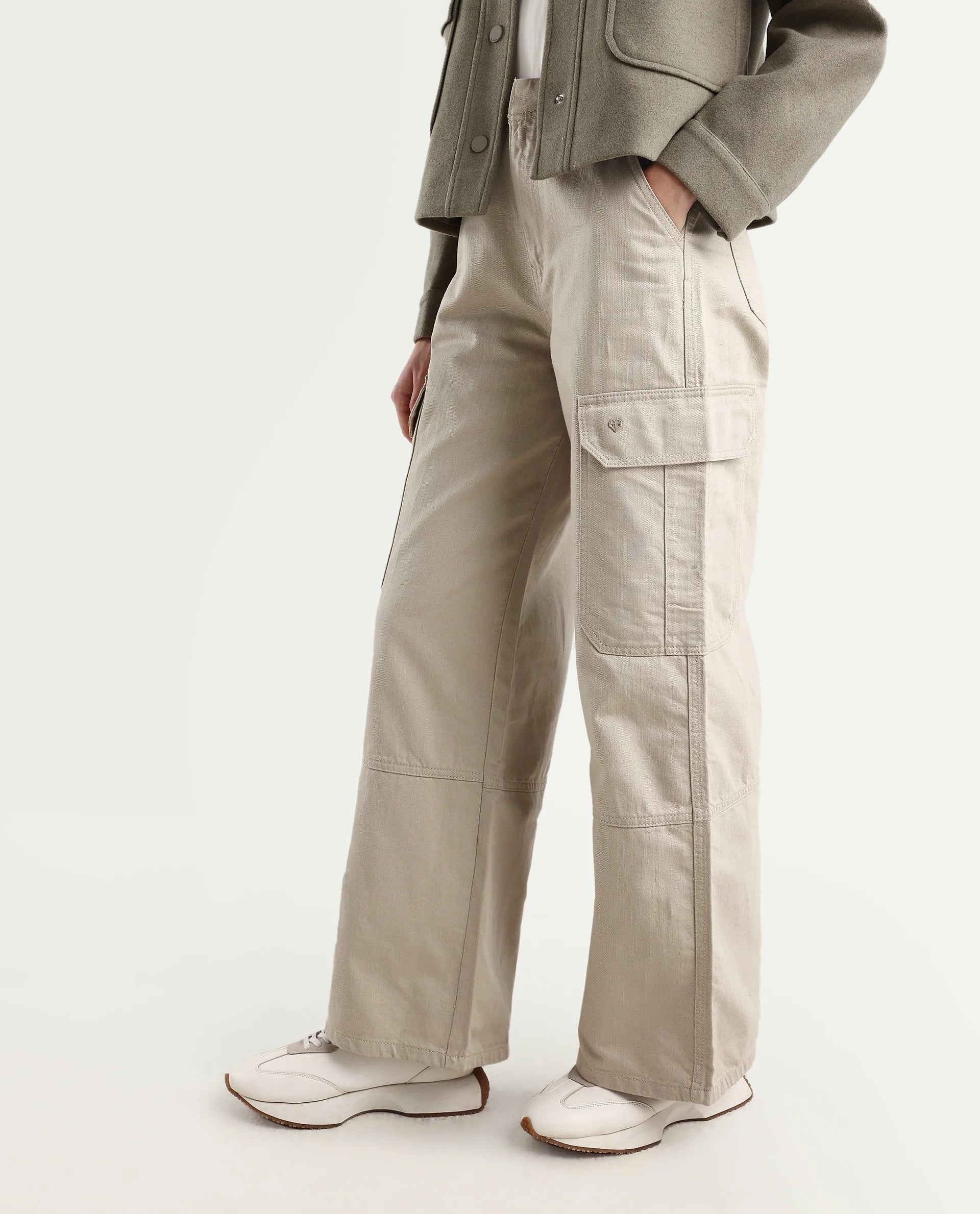 Rareism Women's Itsiz Off Beige Cotton Plain Ankle Length Wide Trouser