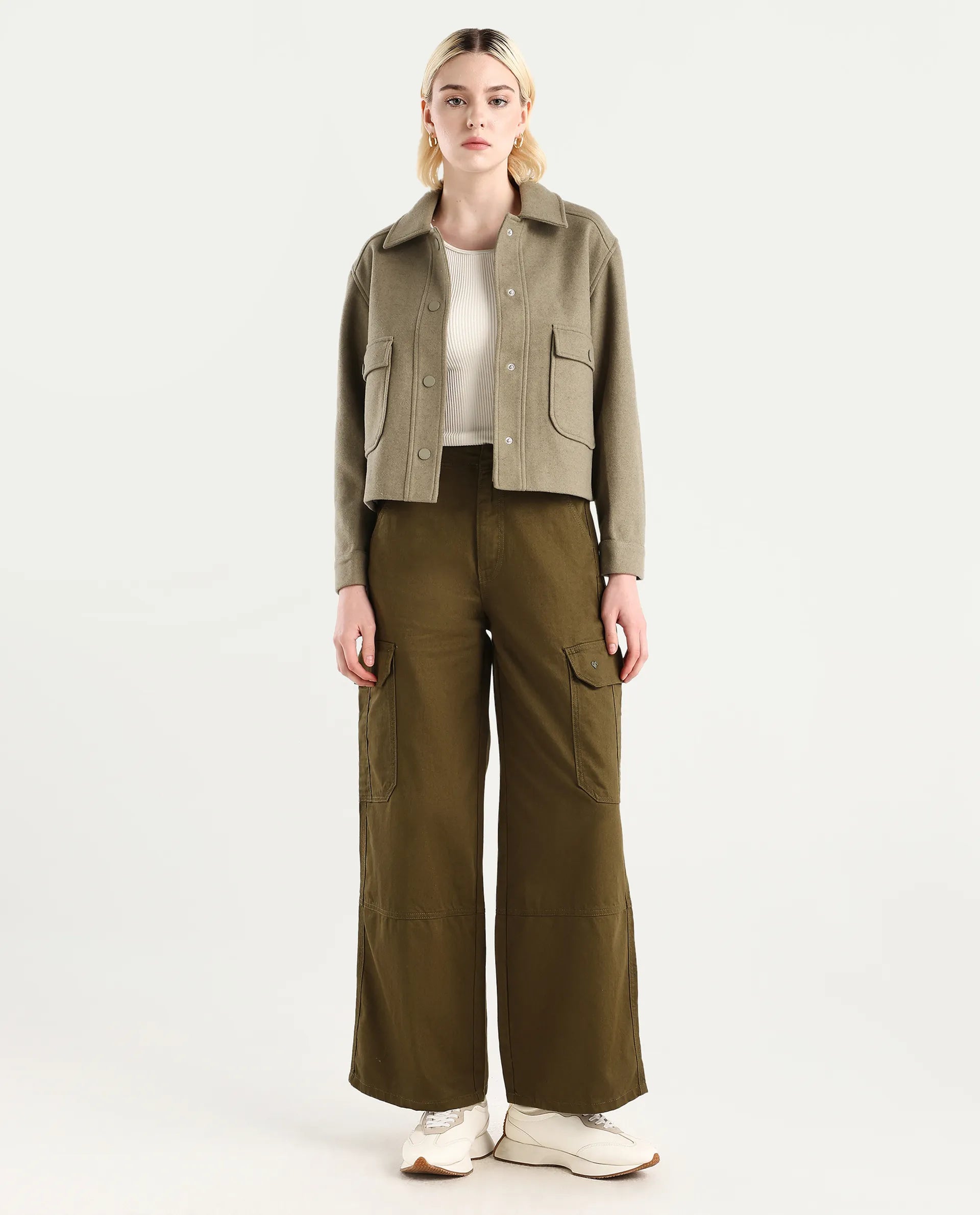 Rareism Women's Itsiz Olive Cotton Plain Ankle Length Wide Trouser