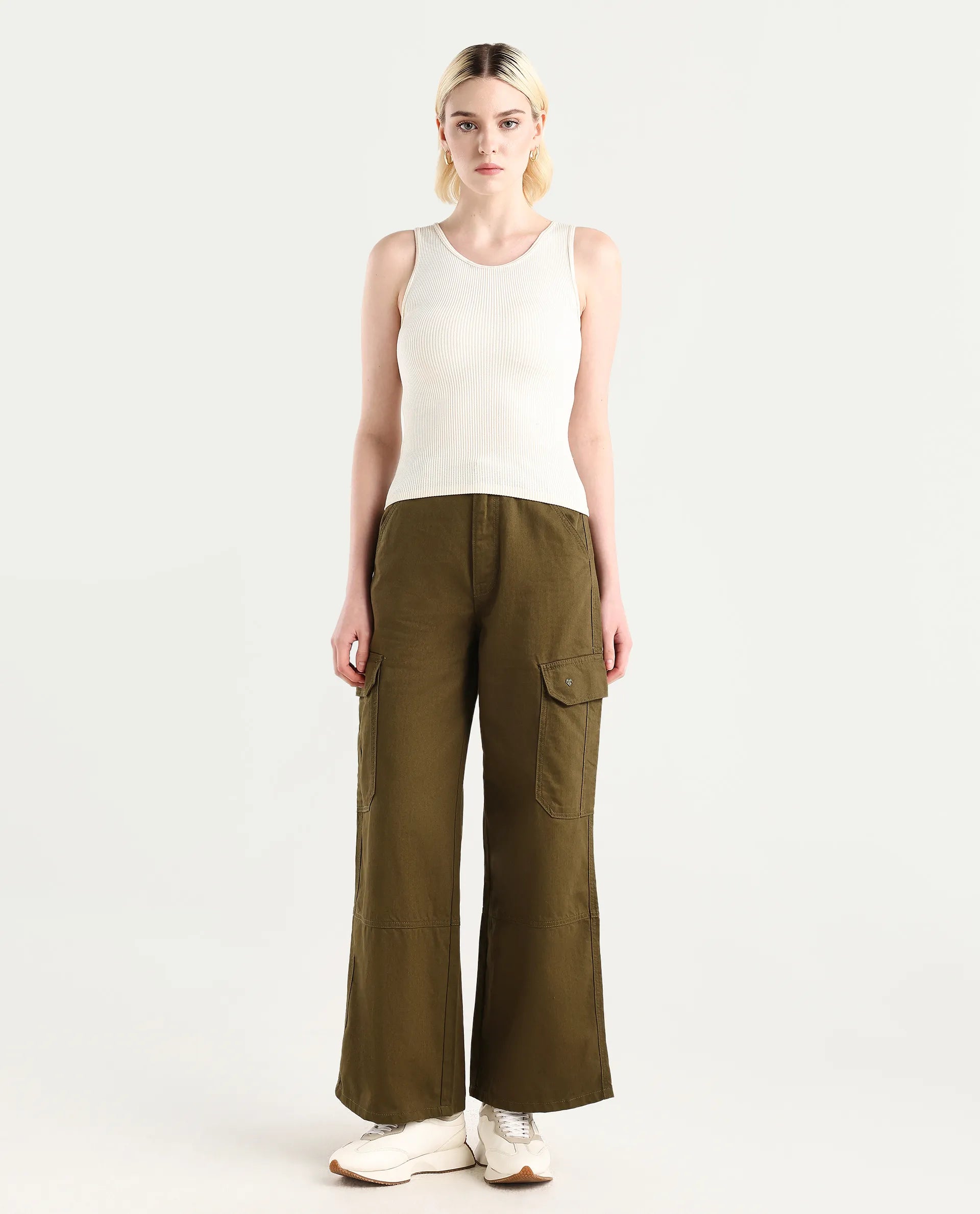 Rareism Women's Itsiz Olive Cotton Plain Ankle Length Wide Trouser