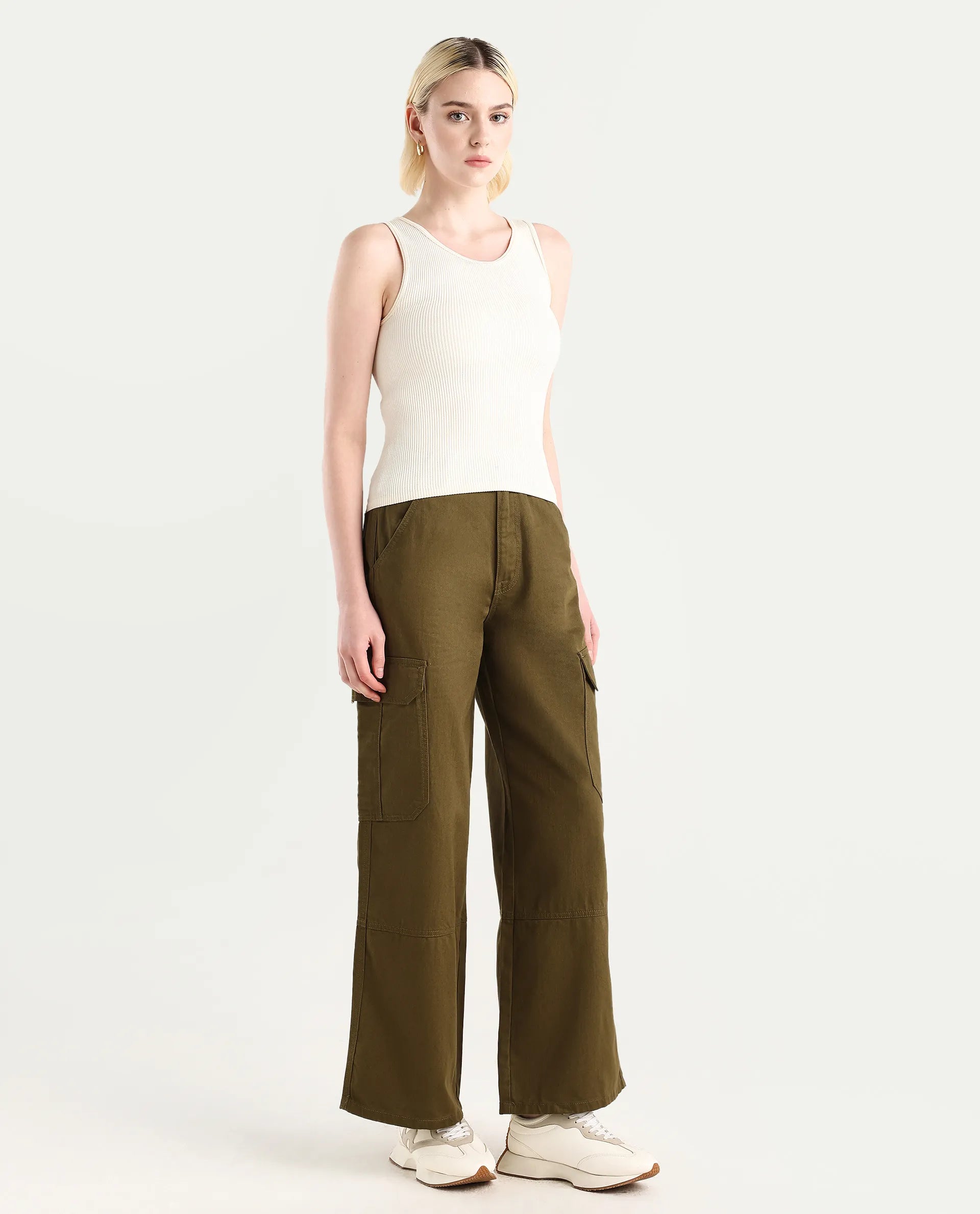 Rareism Women's Itsiz Olive Cotton Plain Ankle Length Wide Trouser