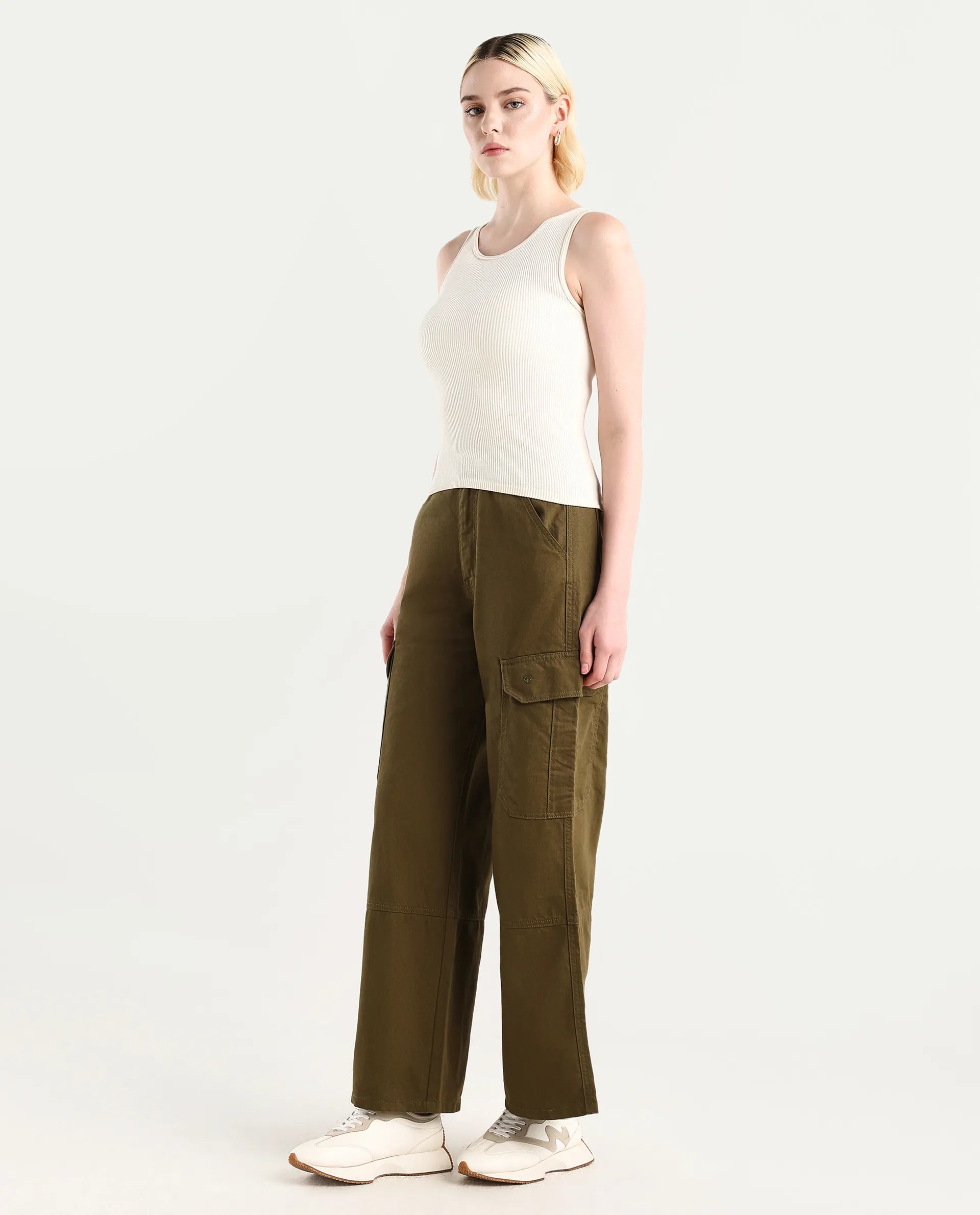 Rareism Women's Itsiz Olive Cotton Plain Ankle Length Wide Trouser