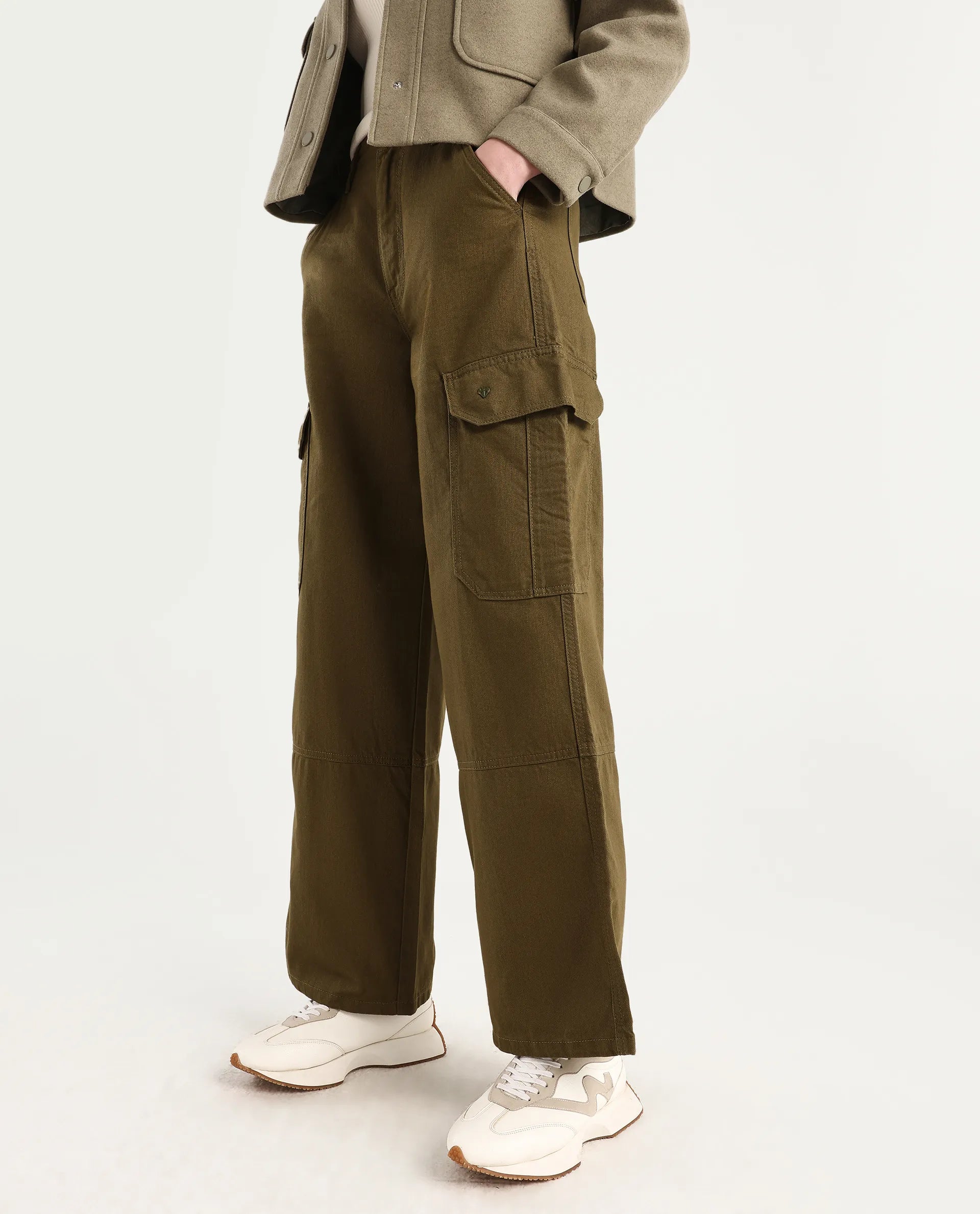 Rareism Women's Itsiz Olive Cotton Plain Ankle Length Wide Trouser