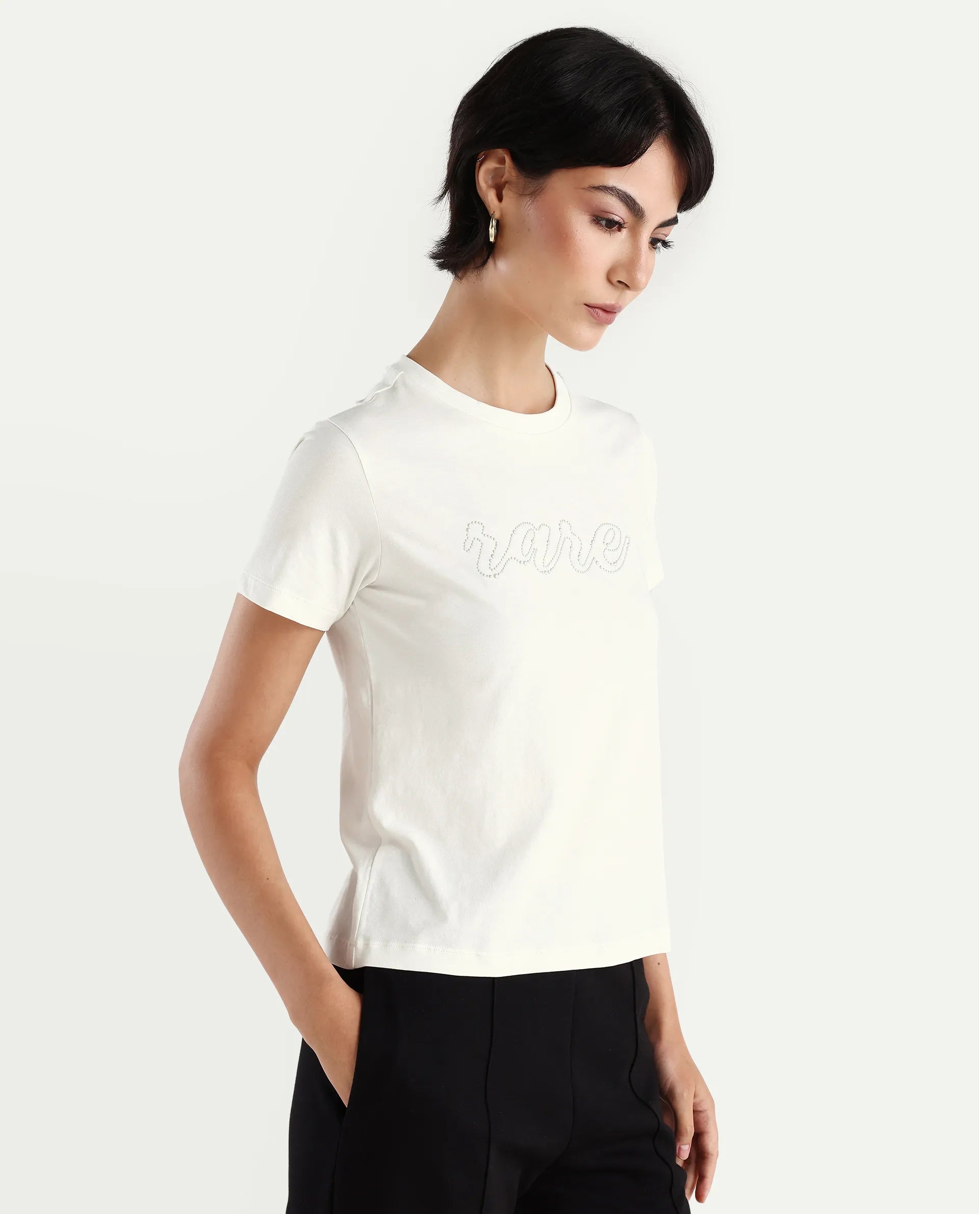 Rareism Women's Itsy Off White Cotton Blend Crew Neck Graphic Print Regular Fit T-Shirt