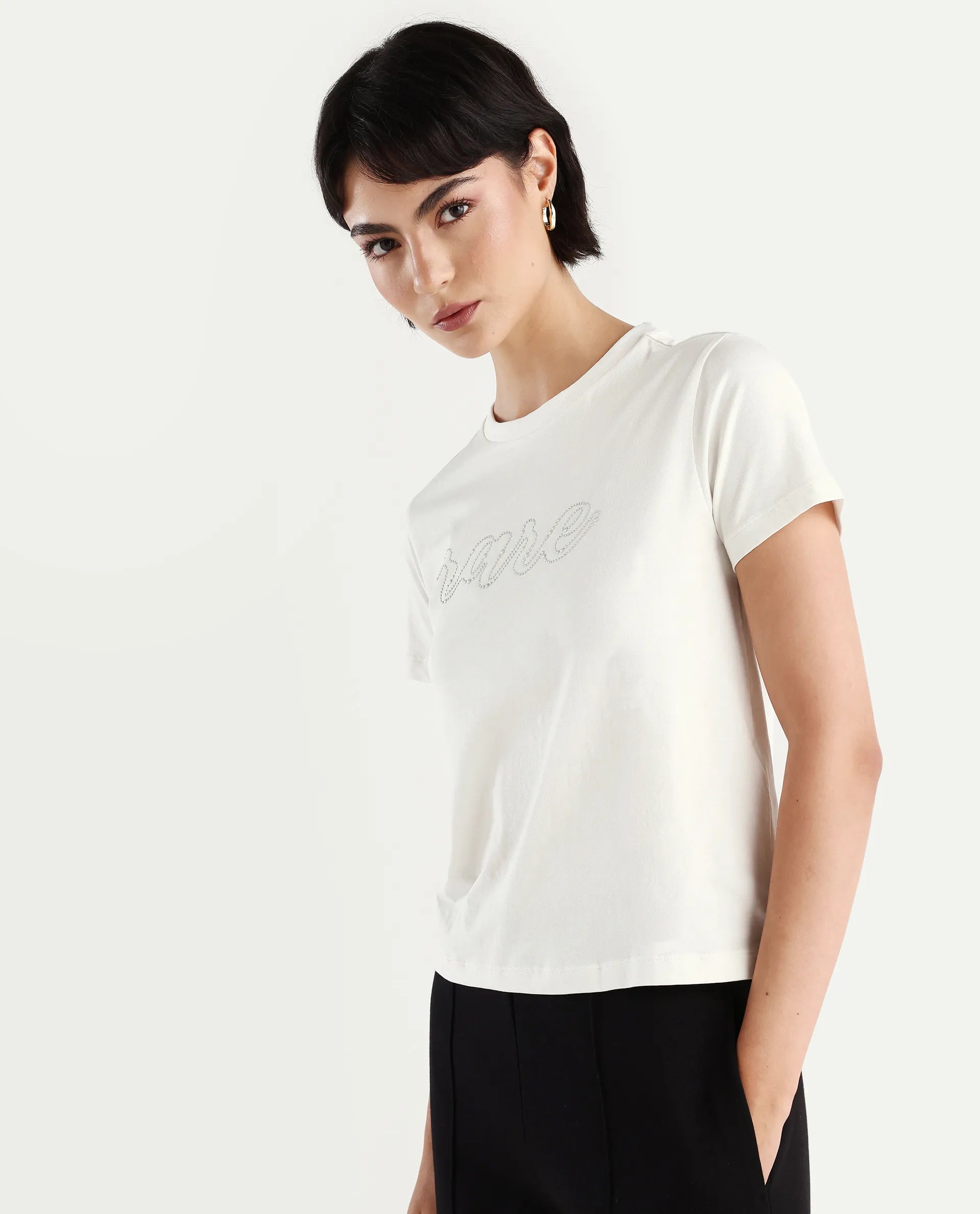 Rareism Women's Itsy Off White Cotton Blend Crew Neck Graphic Print Regular Fit T-Shirt