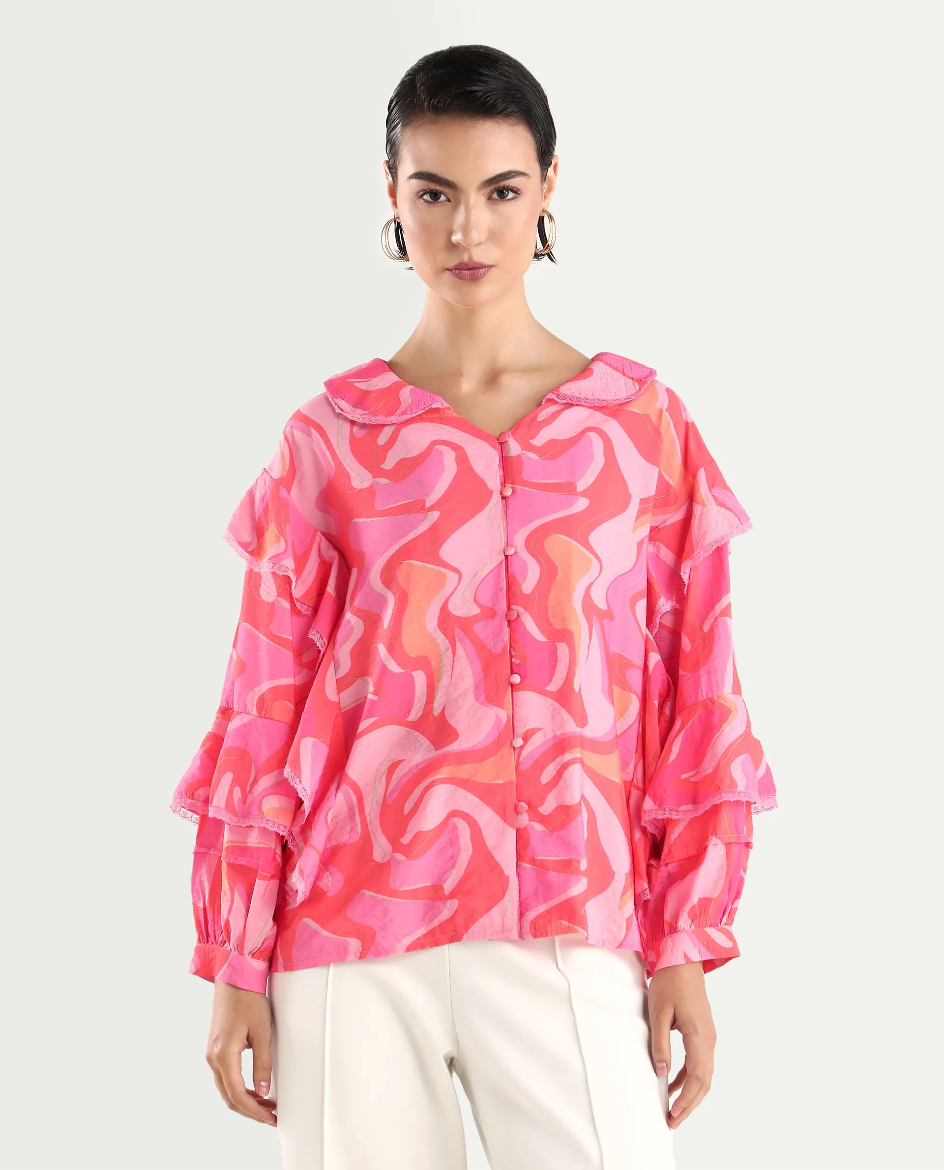 Rareism Women's Ivan Multi Viscose Blend Peter Pan Collar Abstract Print Bishop Sleeve Regular Fit Top