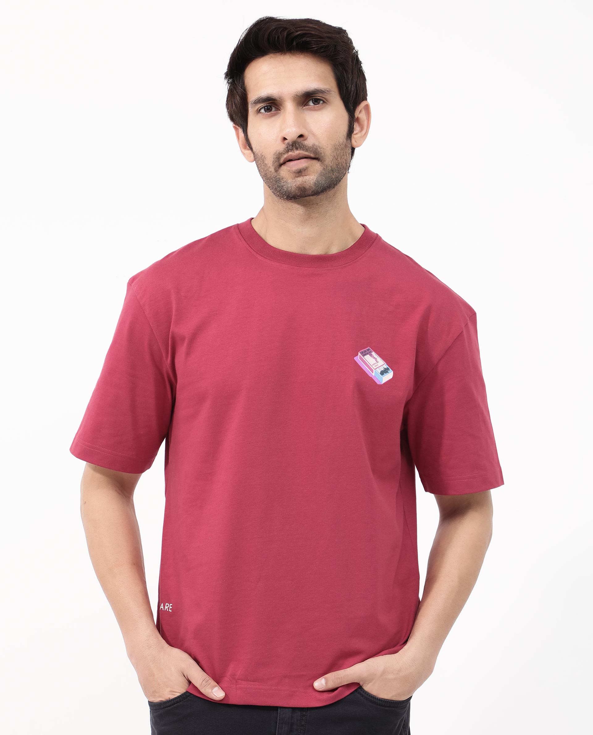 Rare Rabbit Articale Mens Iver Red Cotton Polyester Fabric Short Sleeve Crew Neck Oversized Fit Graphic Printed T-Shirt