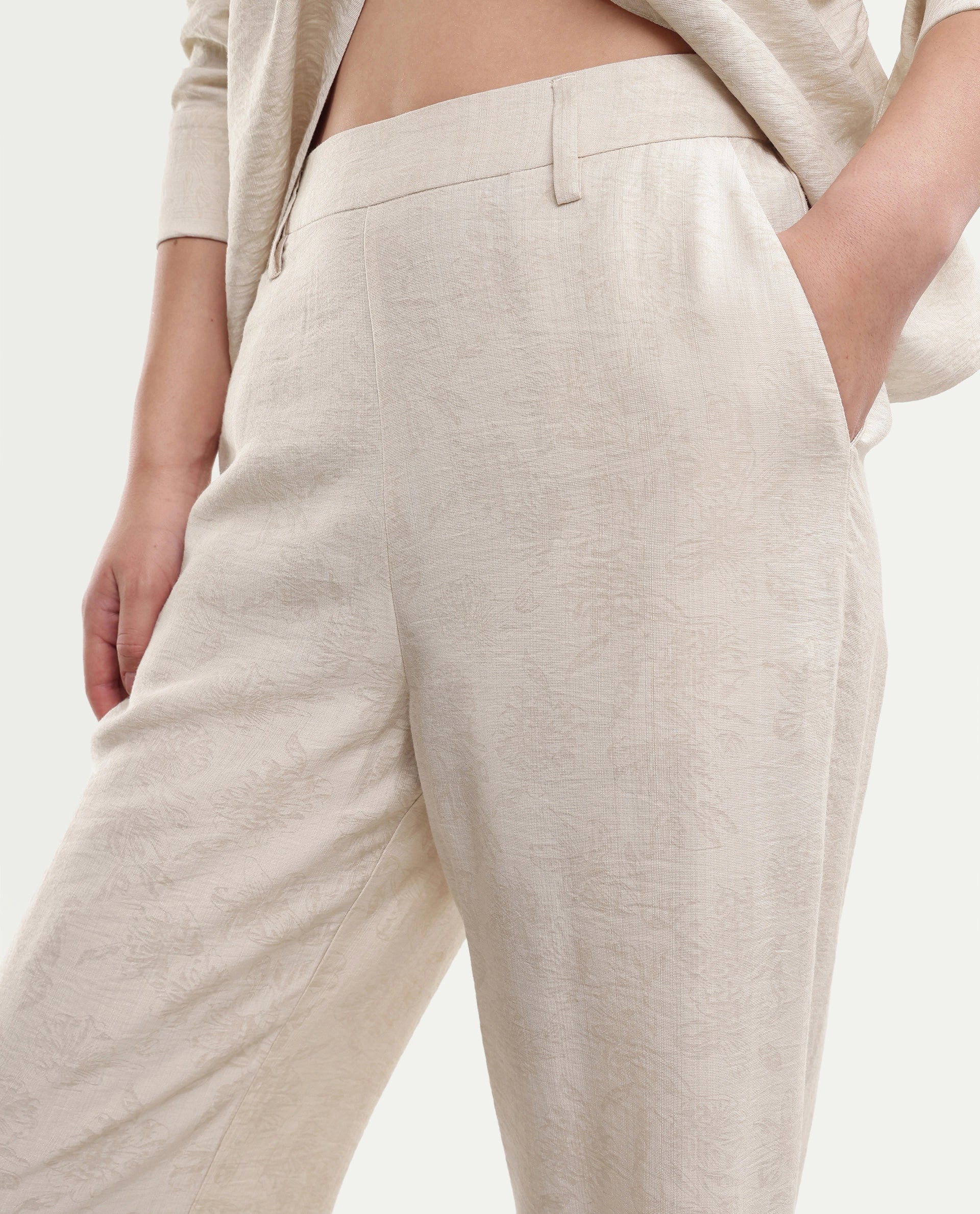 Rareism Women's Ivish-B Primary Beige Viscose Blend Pull-On Wide Leg Jacquard Trouser
