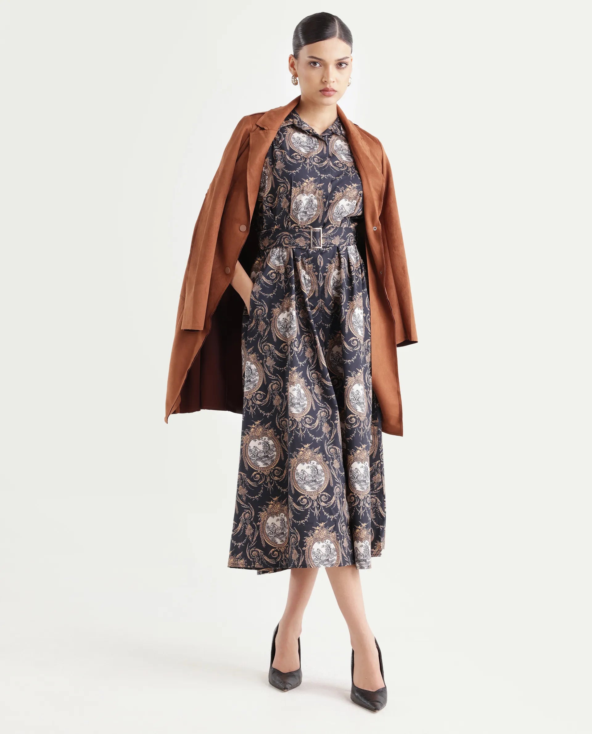 Rareism Women's Ivnat Black Cotton Drop Collar Ornamental Print Maxi Fit And Flare Dress