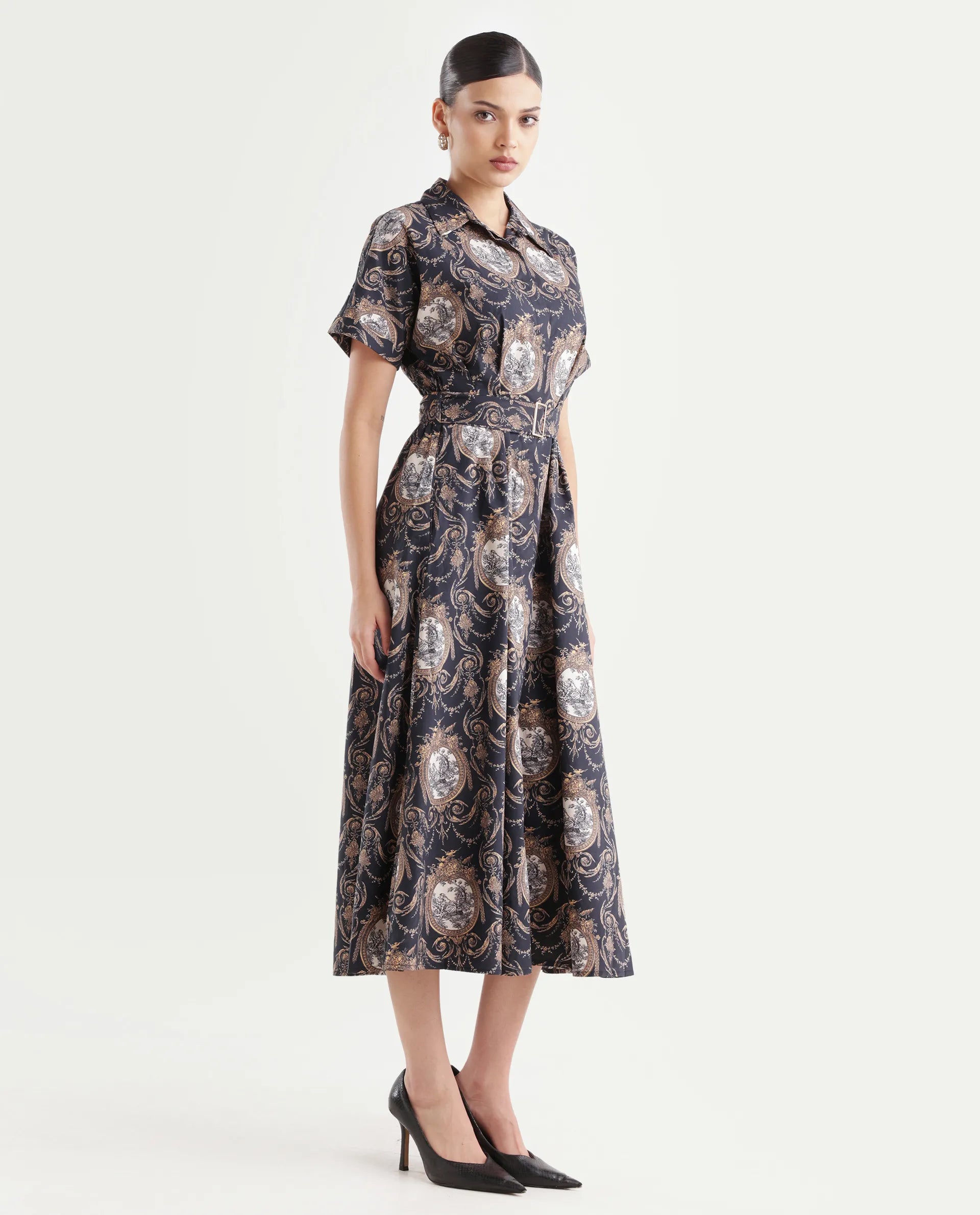 Rareism Women's Ivnat Black Cotton Drop Collar Ornamental Print Maxi Fit And Flare Dress