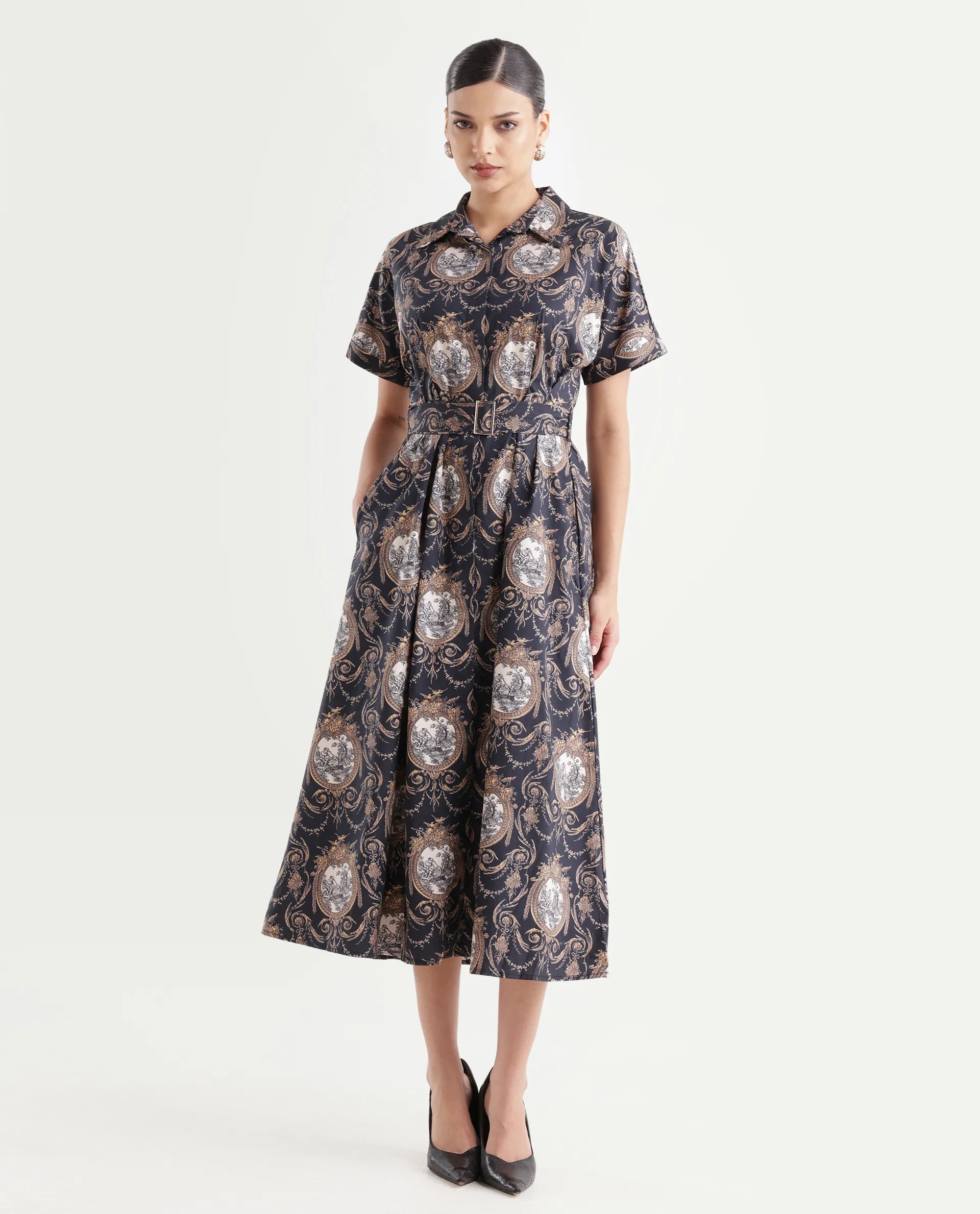 Rareism Women's Ivnat Black Cotton Drop Collar Ornamental Print Maxi Fit And Flare Dress