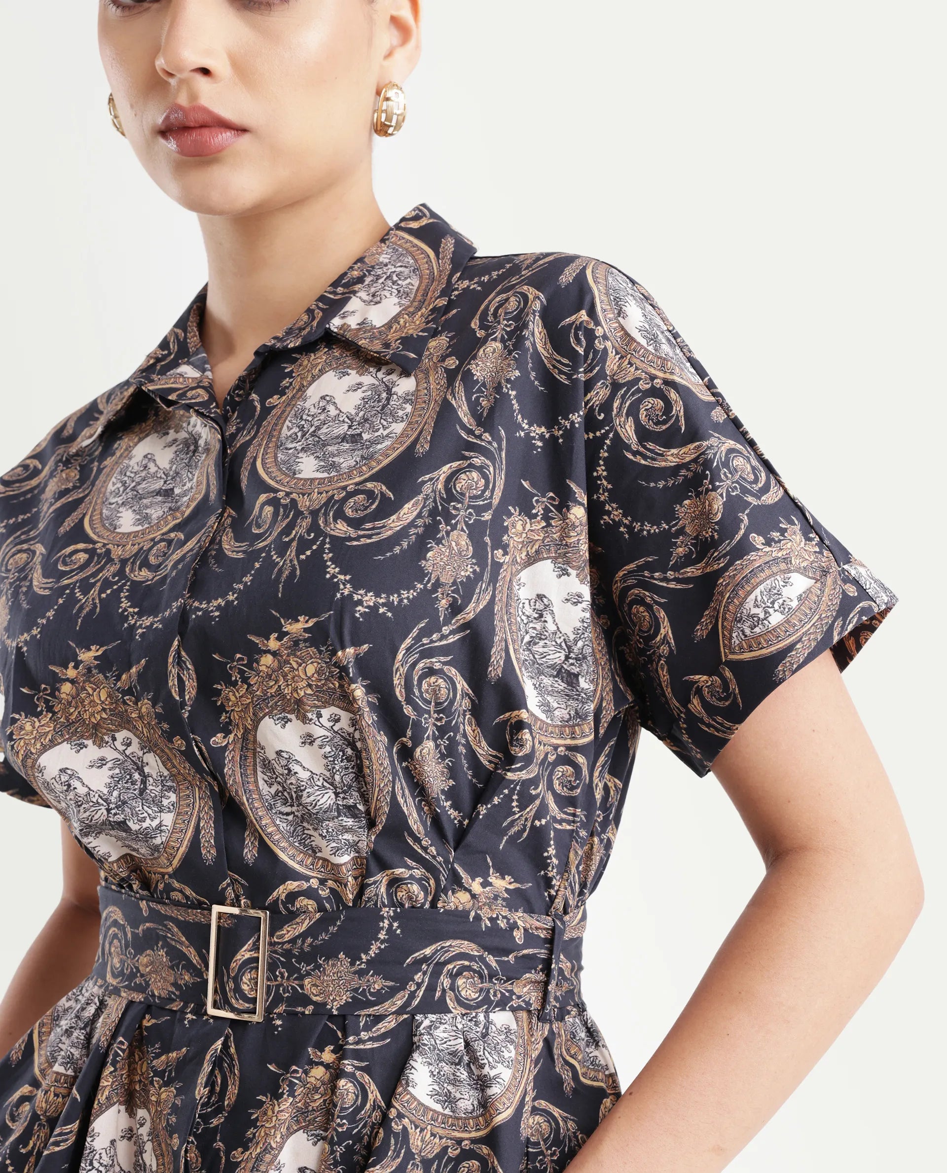 Rareism Women's Ivnat Black Cotton Drop Collar Ornamental Print Maxi Fit And Flare Dress