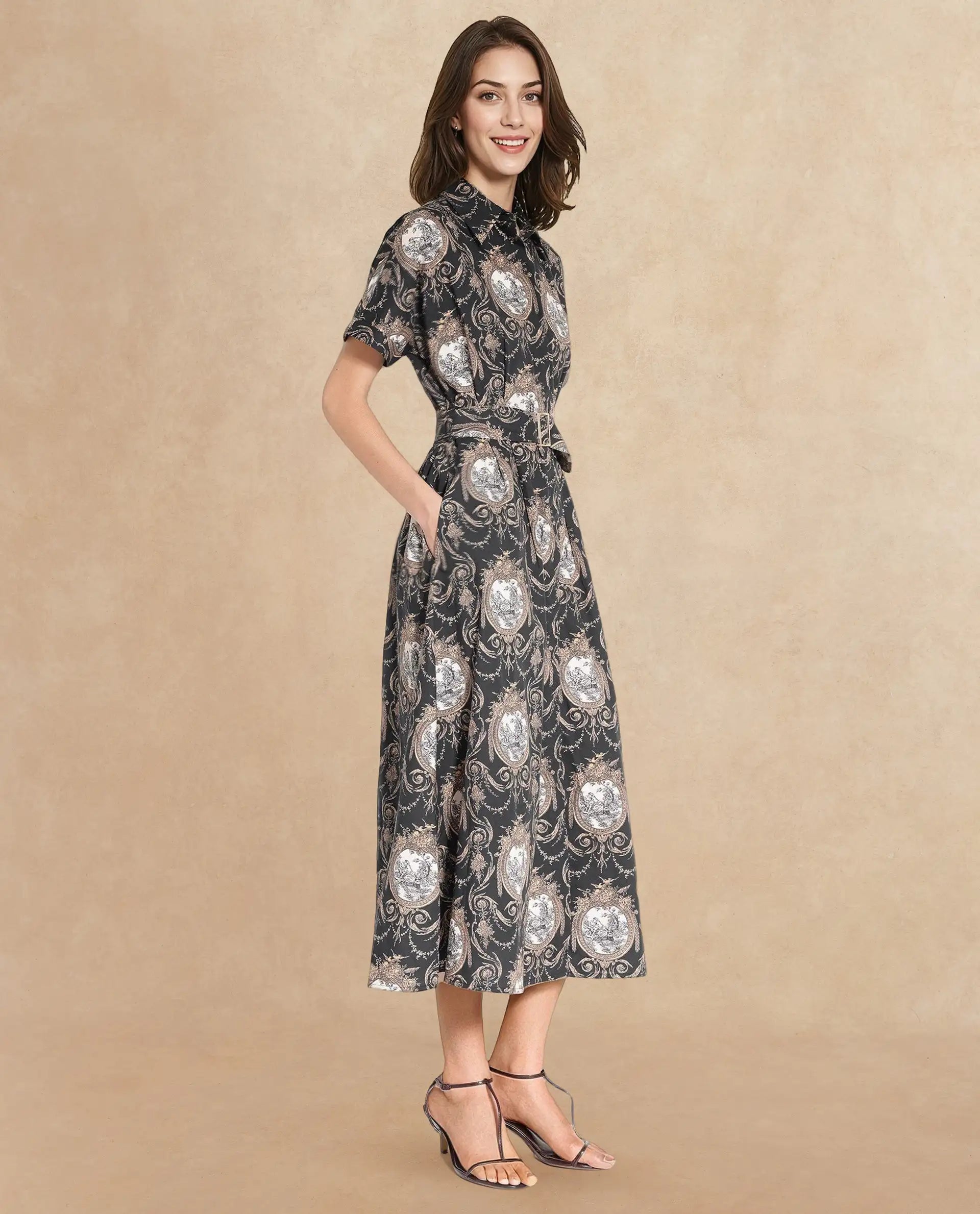 Rareism Women's Ivnat Black Cotton Drop Collar Ornamental Print Maxi Fit And Flare Dress