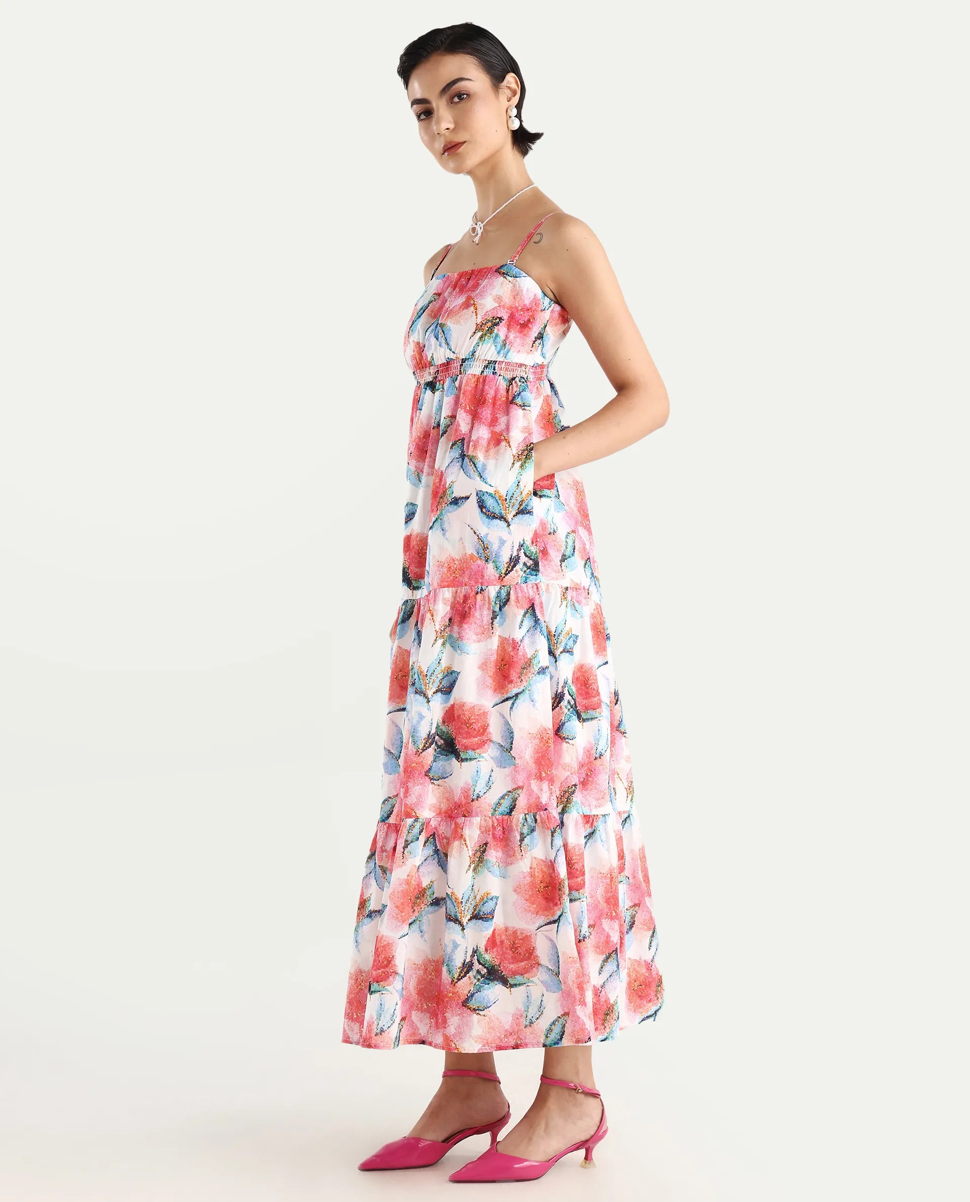 Rareism Women's Izabelle Multi Cotton Shoulder Strap Floral Print Shoulder Strap Maxi Fit And Flare Dress