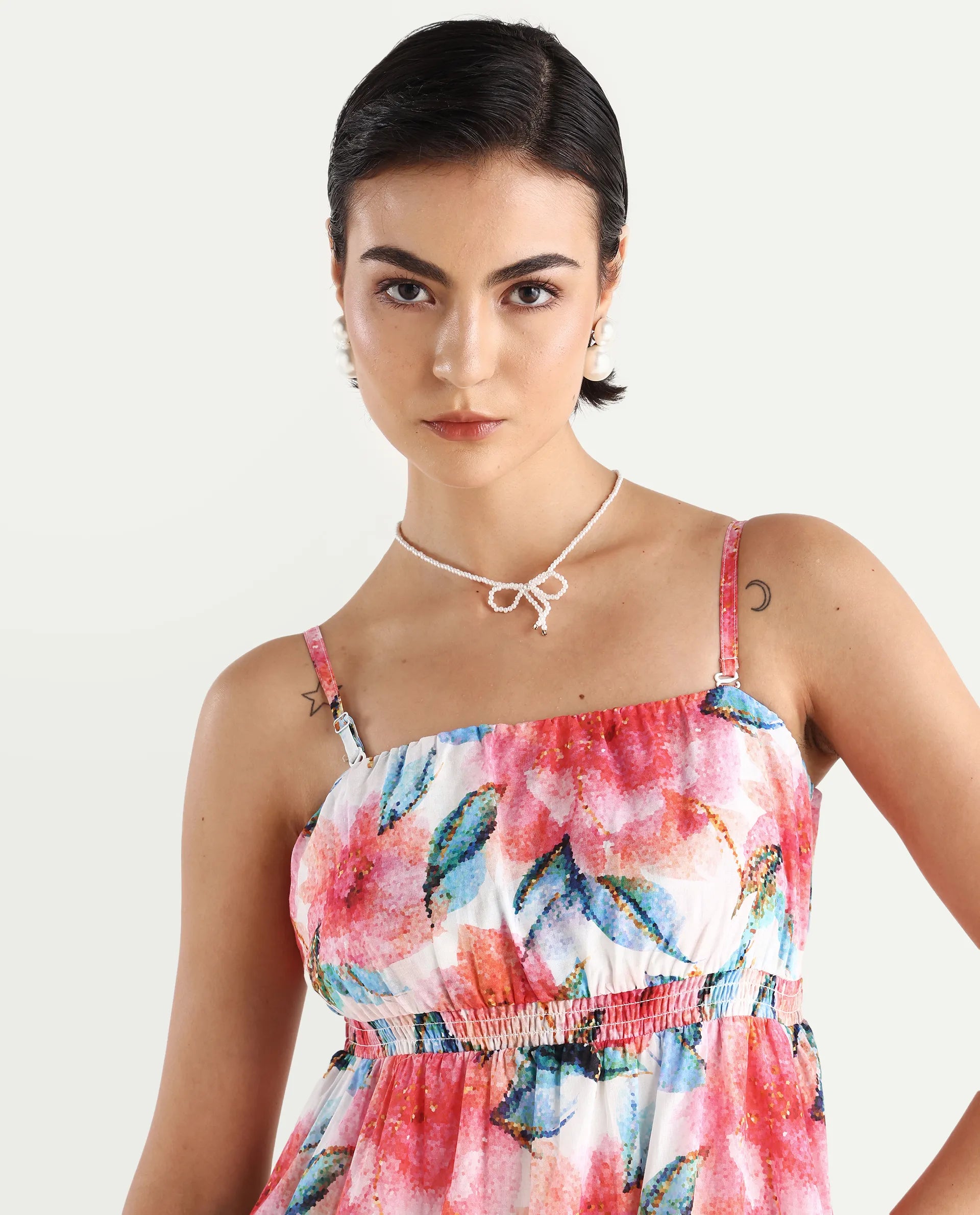 Rareism Women's Izabelle Multi Cotton Shoulder Strap Floral Print Shoulder Strap Maxi Fit And Flare Dress