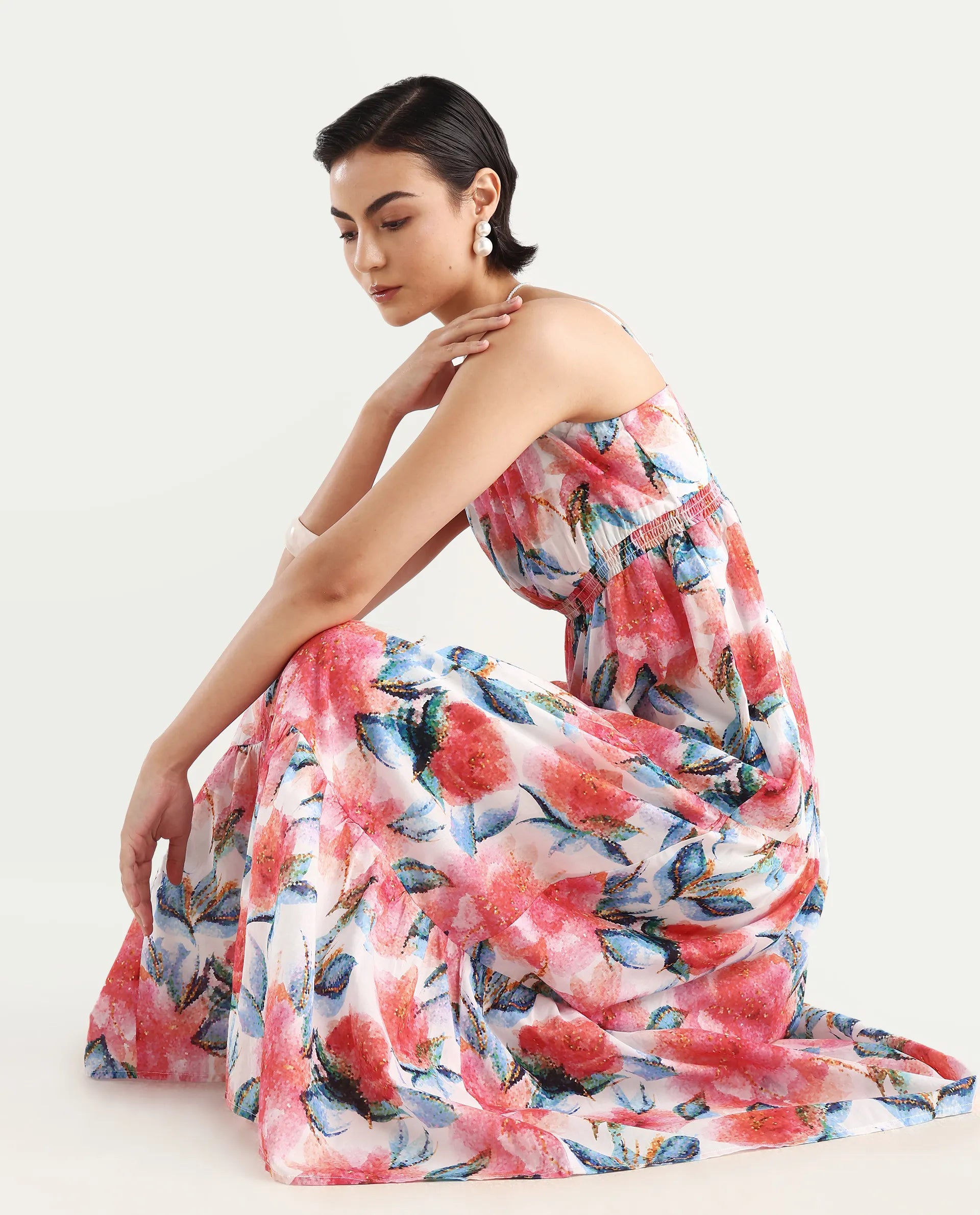 Rareism Women's Izabelle Multi Cotton Shoulder Strap Floral Print Shoulder Strap Maxi Fit And Flare Dress