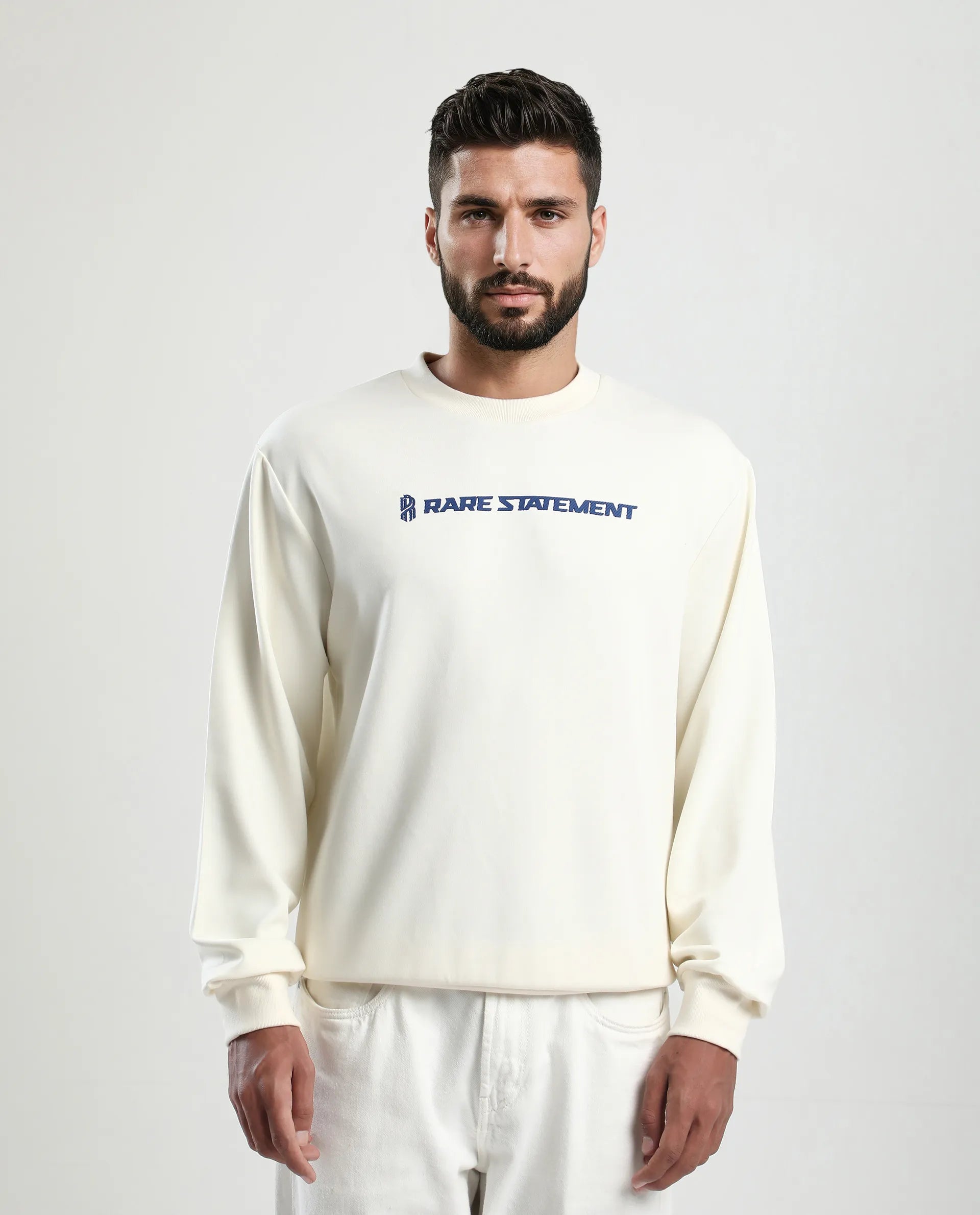 Rare Rabbit Men's Jabe-T Off White Modal Blend Graphic Print Regular Fit Full Sleeve Crew Neck Sweatshirt