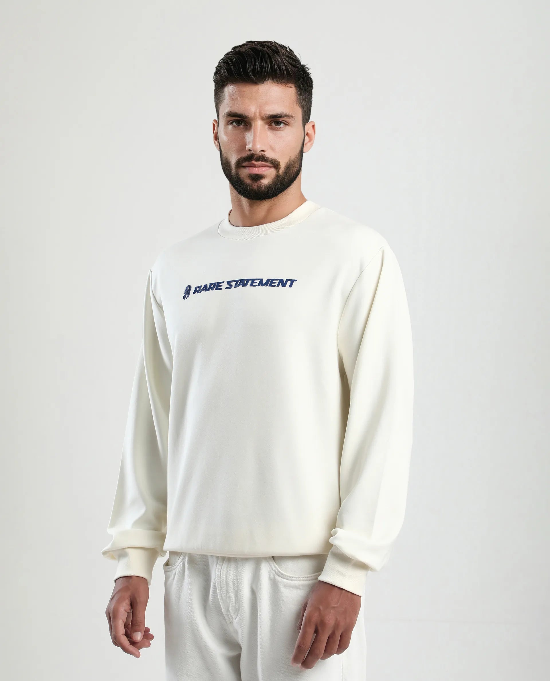 Rare Rabbit Men's Jabe-T Off White Modal Blend Graphic Print Regular Fit Full Sleeve Crew Neck Sweatshirt