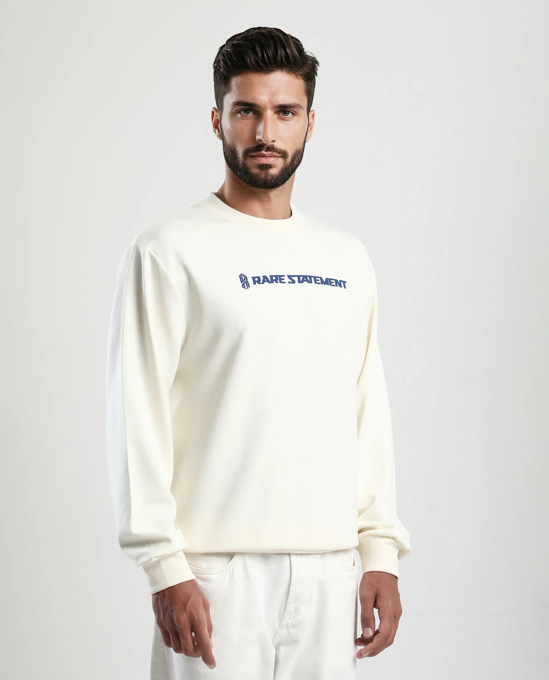 Rare Rabbit Men's Jabe-T Off White Modal Blend Graphic Print Regular Fit Full Sleeve Crew Neck Sweatshirt